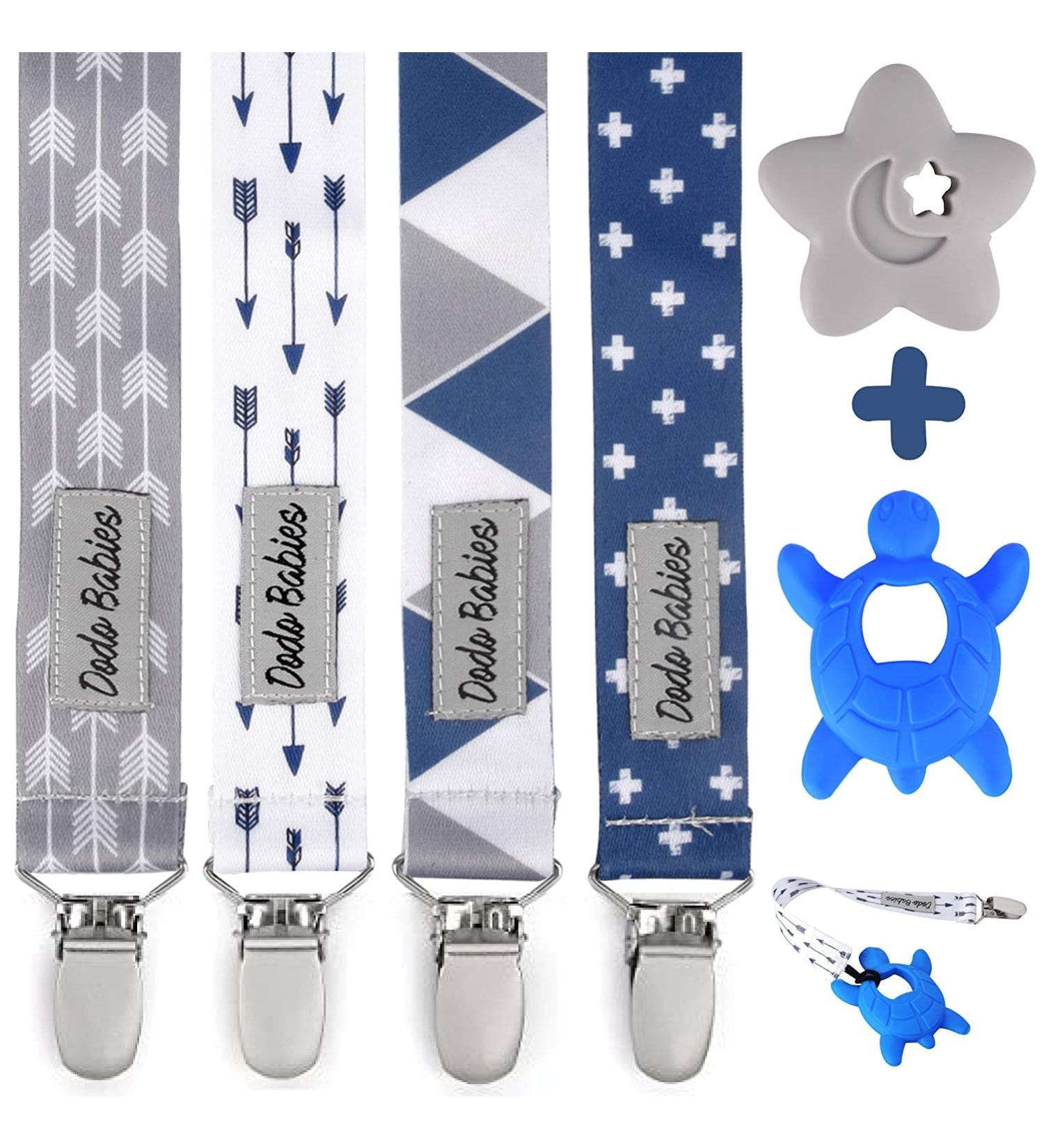 Shop Dodo Babies Pacifier Clip & Bite Ring Toy Set | 4 Clips + 2 Silicone Rings | Universal Holder | Fun Blue & Gray Prints for Boys & Girls - International Shipping - Buy Online on SooperMarket.com