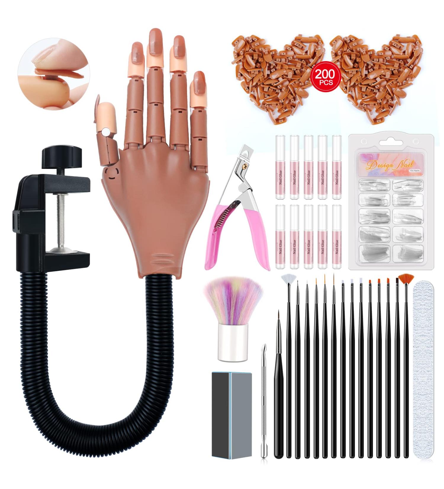Saviland Flexible Practice Hand for Acrylic Nails | Manicure Training Kit for Beginners with 200 Nail Tips and Accessories - Buy Online on SooperMarket.com