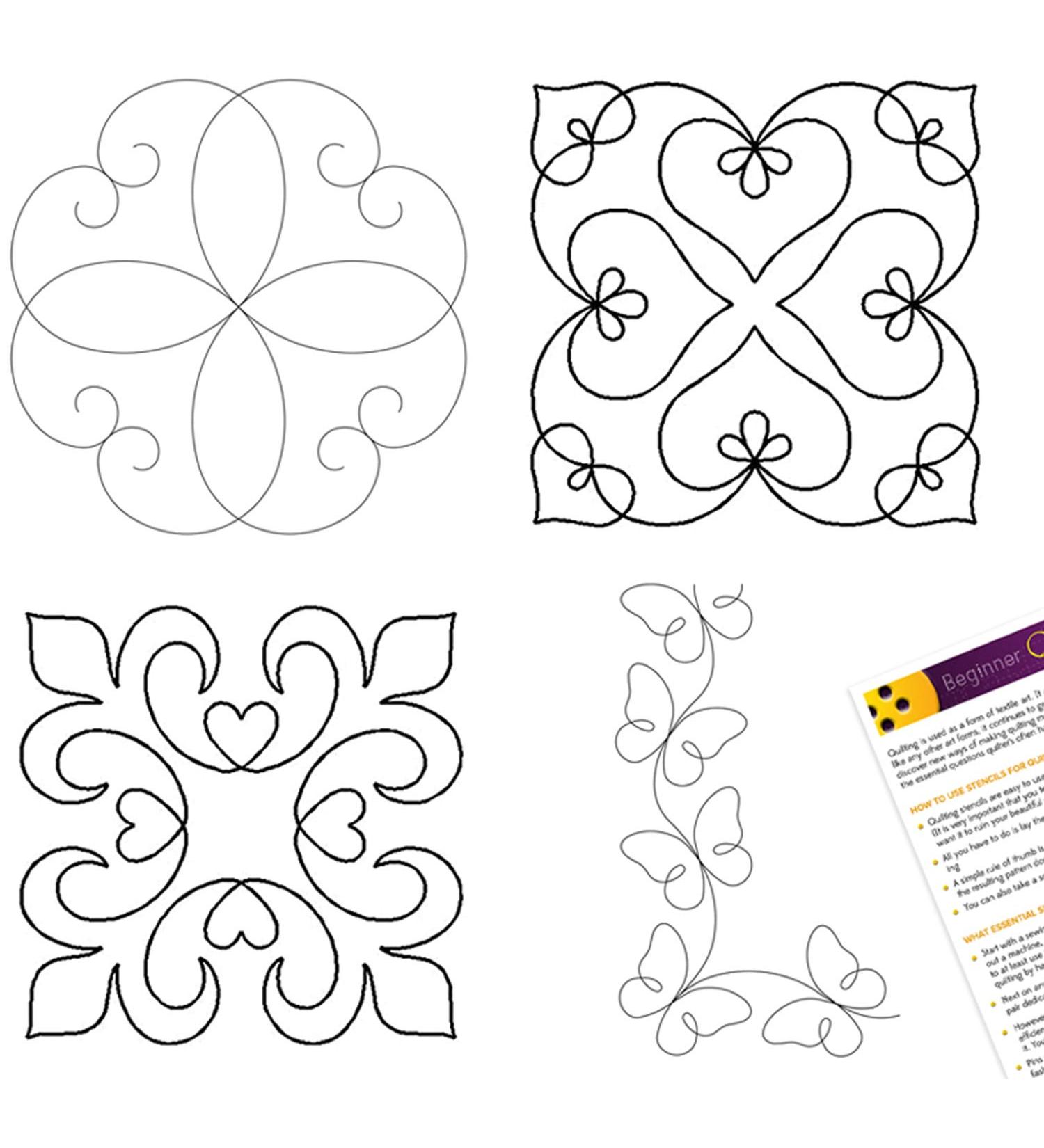 4-Piece Quilting Stencil Set for Machine and Hand Quilting | Borders, Backgrounds, Blocks & Medallions | Heart, Scroll, Butterfly Designs with Guide - Buy Online on SooperMarket.com
