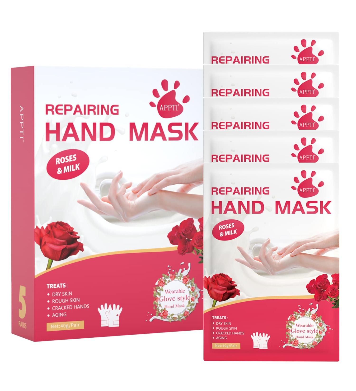APPTI Hand Mask 5 Pairs - Repair Dry, Rough, Cracked Hands with Rose & Milk - Moisturizing Hand Mask for Women & Men - Buy Online on SooperMarket.com