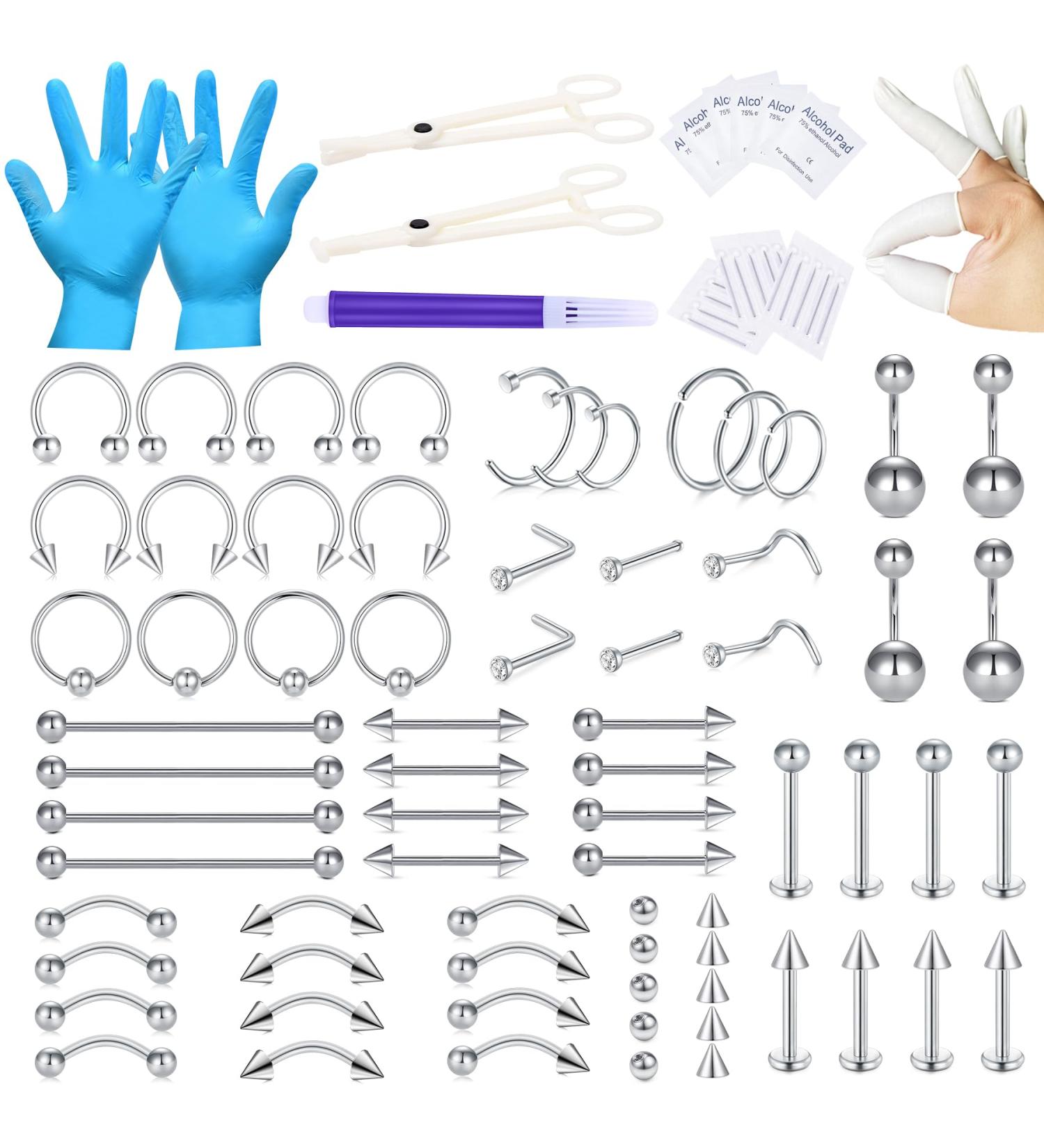 JIESIBAO 100PCS Piercing Kit - 12G 14G 16G Needles & Clamps for Nose Septum Belly Button Lip Tongue Eyebrow Cartilage & More - Professional Piercing Tools - Fast International Shipping - Buy Online on SooperMarket.com