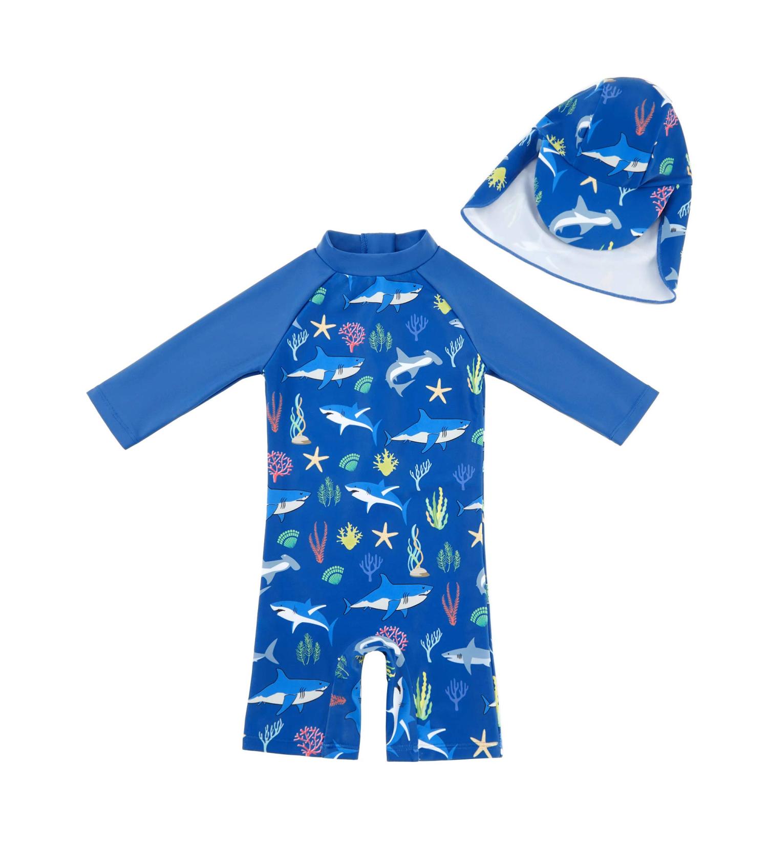 UPF 50+ Baby Boy Swimwear Set with Sun Hat | Blue Shark Design | 9-12 Months - Buy Online on SooperMarket.com