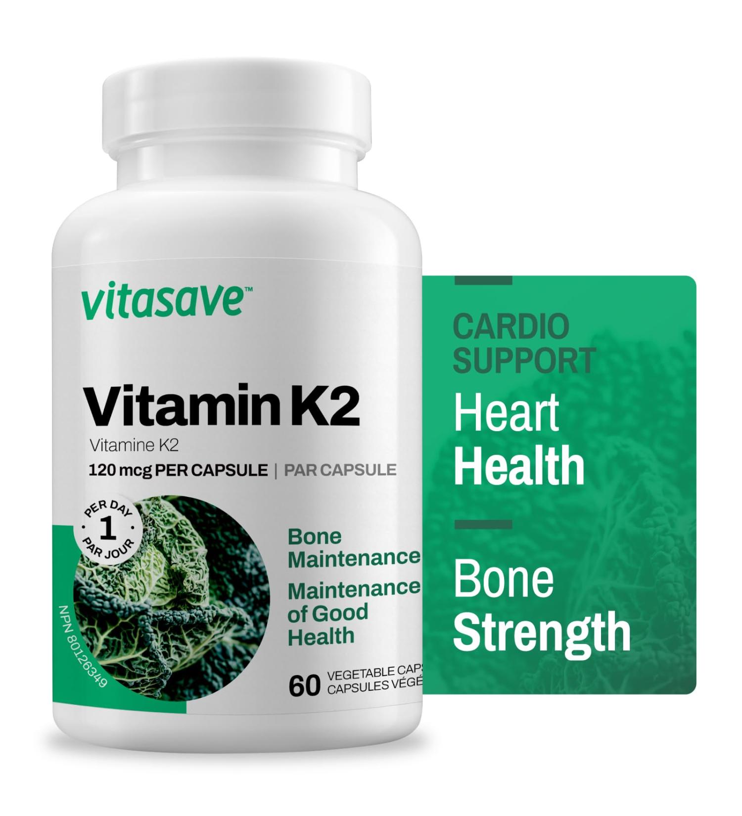Vitasave Vitamin K2 120mcg 60 Vegetarian Capsules | Supplement with Premium MK-7 | Non-GMO Formula with Maximum Absorption | Supports Healthy Bone Maintenance | Made in Canada 60 count (Pack of 1) - Buy Online on SooperMarket.com