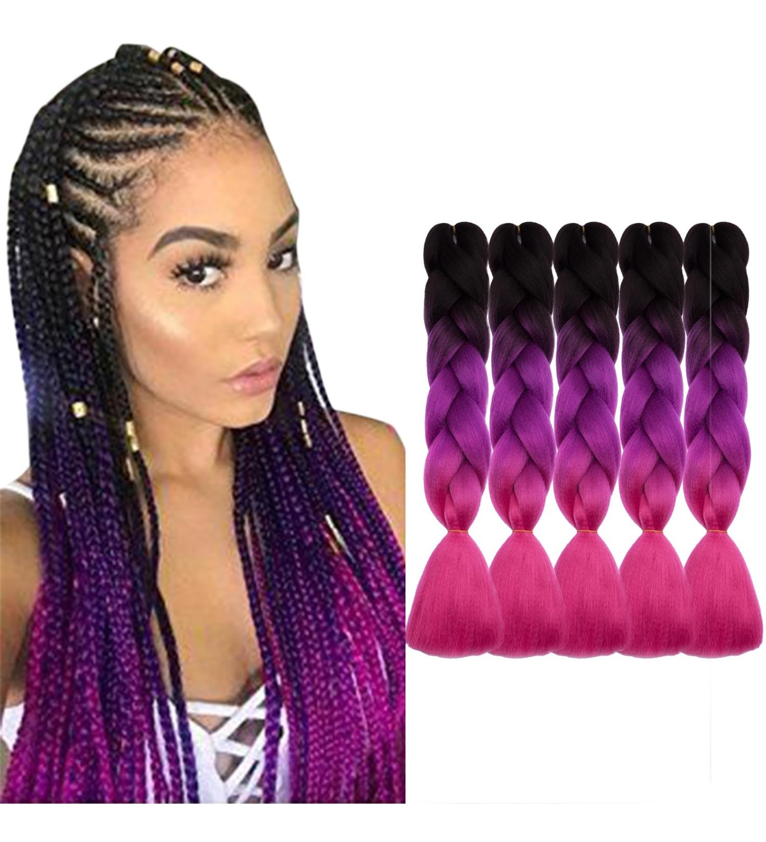Buy Tess Braids Extensions 60cm - 5 Pack Jumbo Kanekalon Ombre Hair Braids (Black/Purple/Pink) | High-Quality 100g Box Braids for Stunning Styles - Buy Online on SooperMarket.com