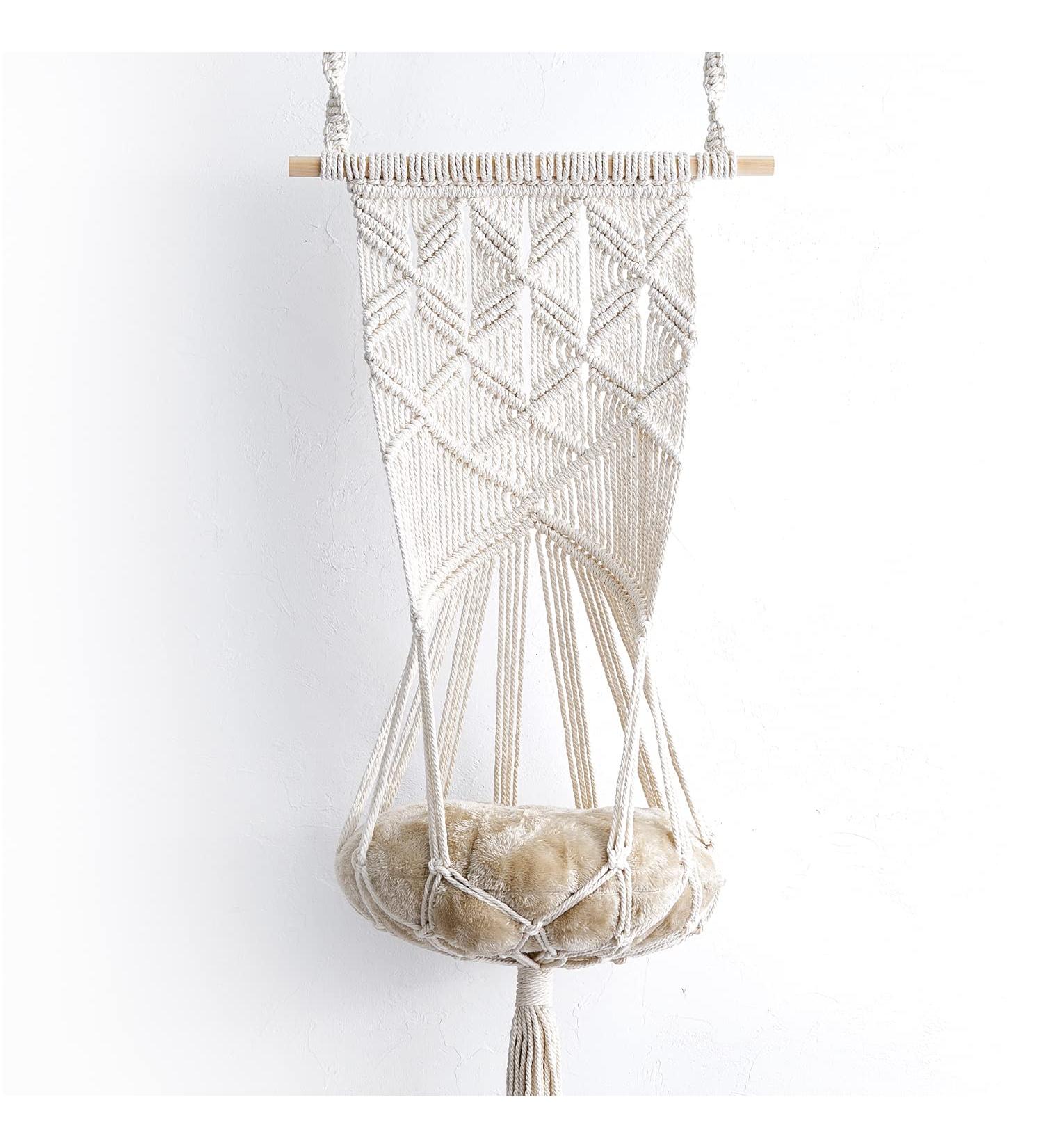 Macrame Cat Hammock Bed with Cushion - Boho Cat Hanging Bed for Wall, Ceiling, Window - Includes Hanging Kit - Cute Cat Furniture and Decor - Buy Online on SooperMarket.com