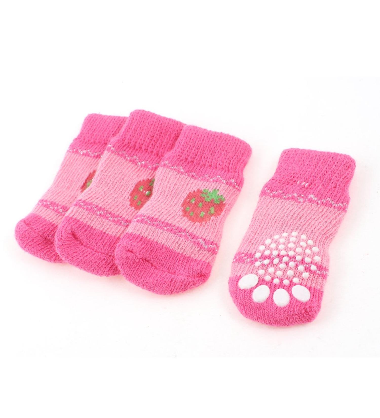 Ruilogod 2 Pairs Pink Strawberry Paw Pattern Elastic Nonslip Pet Dog Socks s