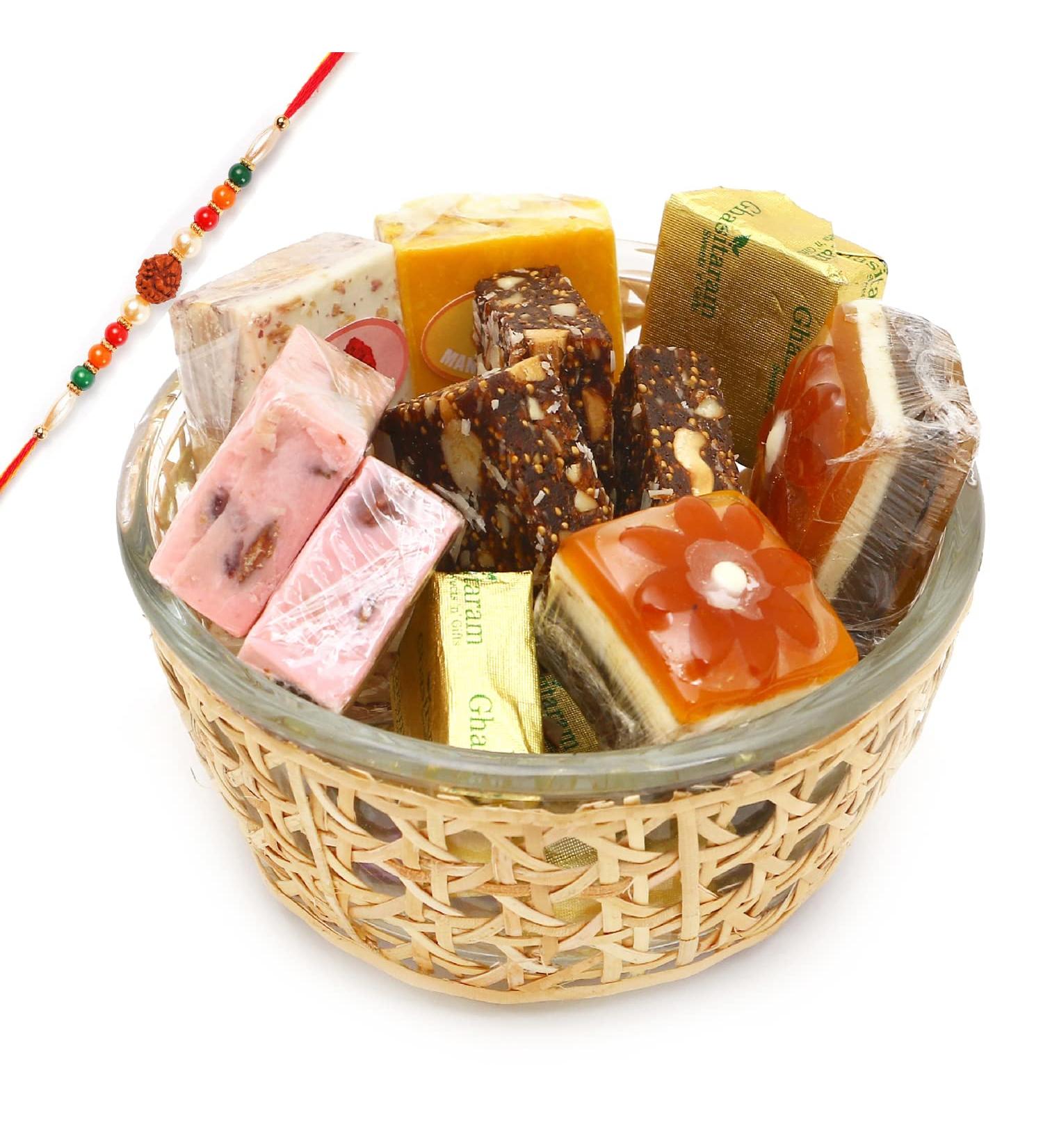 Ghasitaram Gifts Rakhi Gifts for Brothers Cane Glass Bowl with Assorted Bites with Rudraksh Rakhi - Buy Online on SooperMarket.com