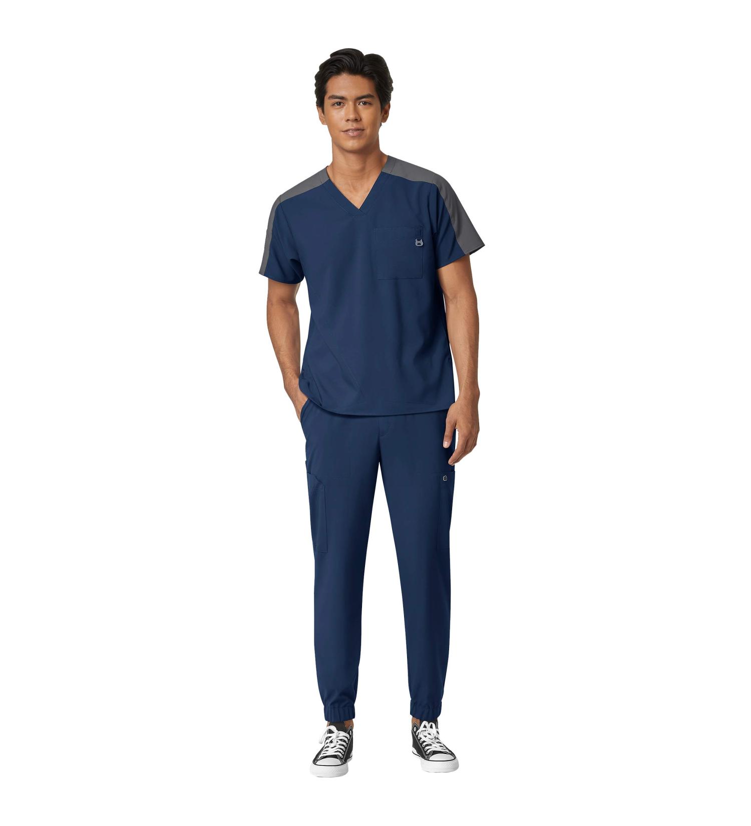 WonderWink W123 Men's Colorblock Top & Cargo Jogger Pant Scrub Set + Badge Reel Navy Large Top / Large Tall Pants - Buy Online on SooperMarket.com