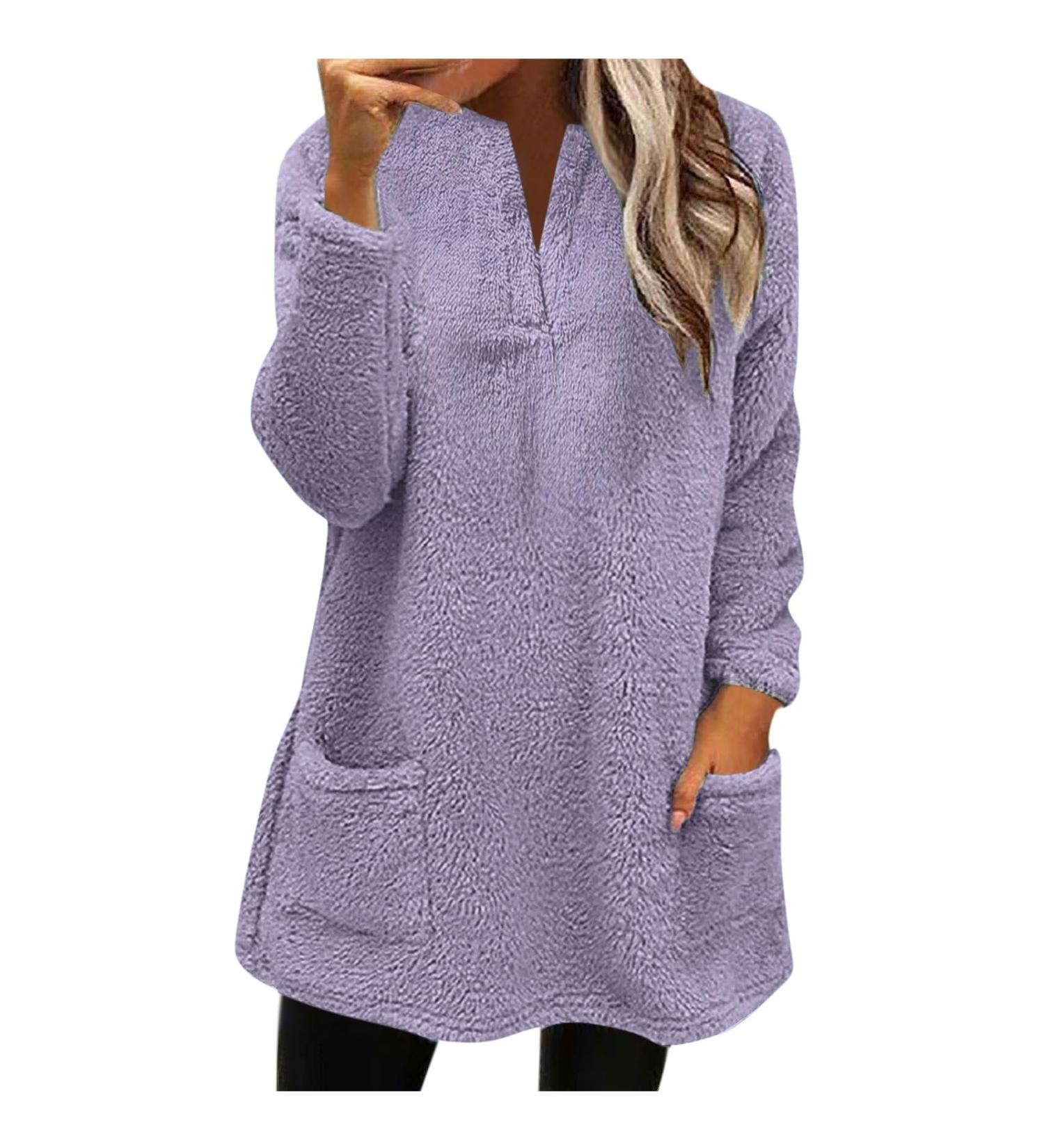 AMhomely Women's Teddy Fleece Hoodie | Plus Size Double Fleece Hooded Jumper with Pocket | V Neck Pullover Sweatshirt | Winter Lounge Tops - 02 Purple S - Buy Online on SooperMarket.com