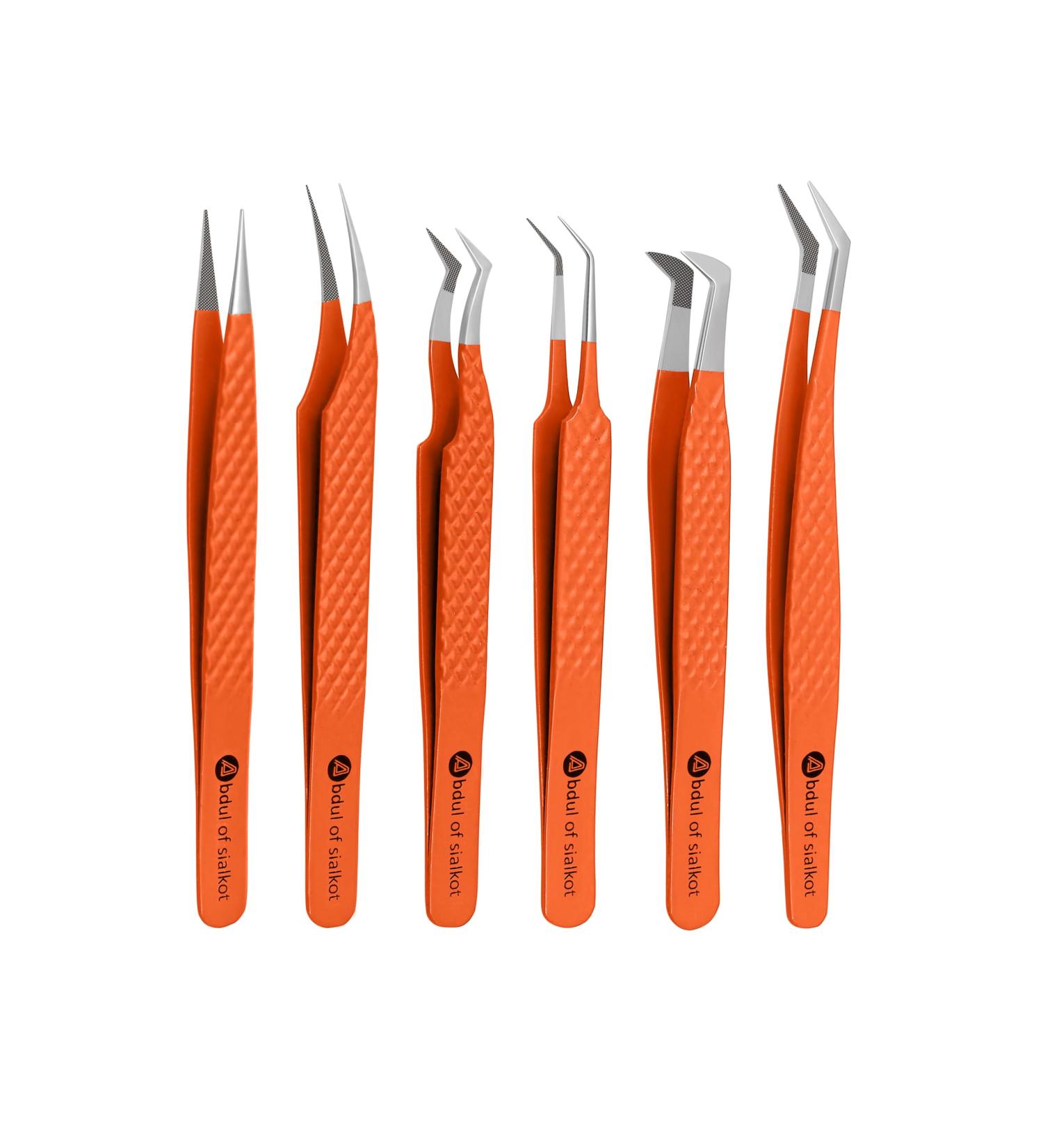 Abdul of Sialkot Fiber Tips Volume Tweezers for Eyelash Extensions Set of 6 Volume Boot Made with Perfection Micro Tip (6 Piece Set (Fiber Tip Orange)