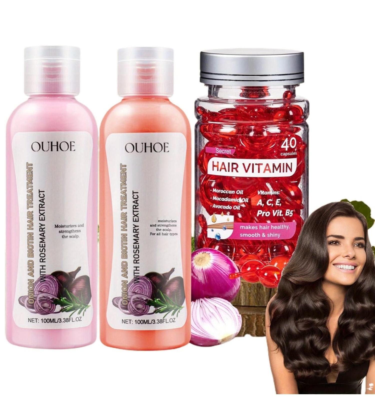 Onion Biotin & Rosemary Shampoo Set | Natural Hair Care for Dry Frizzy Hair - Hair Growth Serum with Moroccan Oil - Buy Online on SooperMarket.com