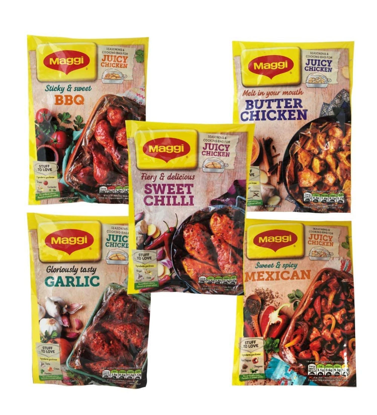 Maggi Seasoning and Cooking Bag for Juicy Chicken 5 Bag Set 1x Mexican 1x Sweet Chilli 1x Garlic 1x BBQ and 1x Butter Chicken - Buy Online on SooperMarket.com