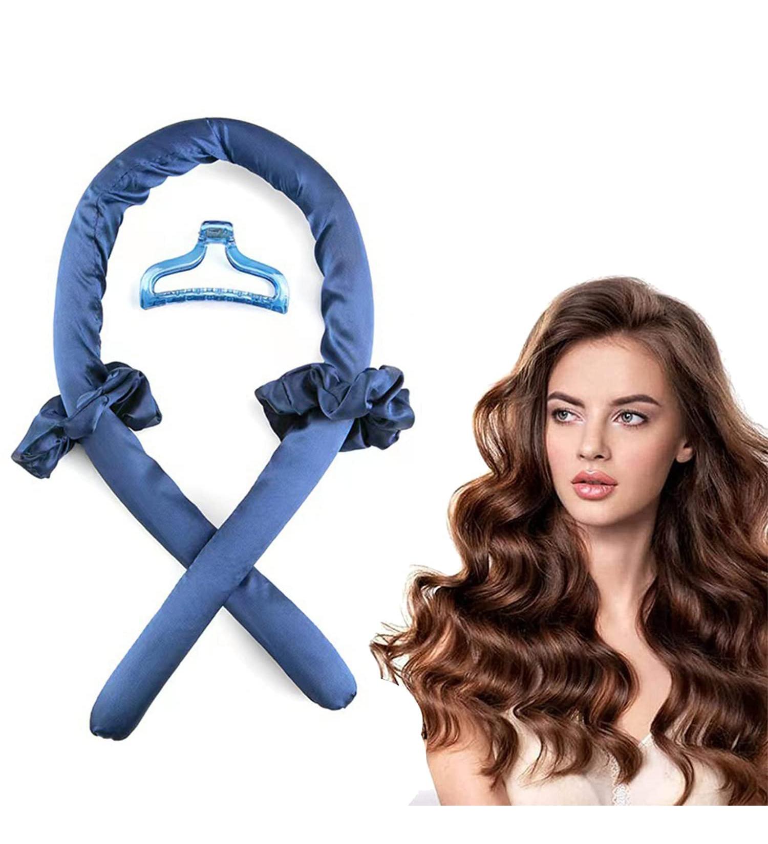 Heatless Curls Headband Kit - Navy Blue | Hair Styling Tools for Long Medium Hair | Curling Rod Wrap with Scrunchies and Hair Clip - Buy Online on SooperMarket.com