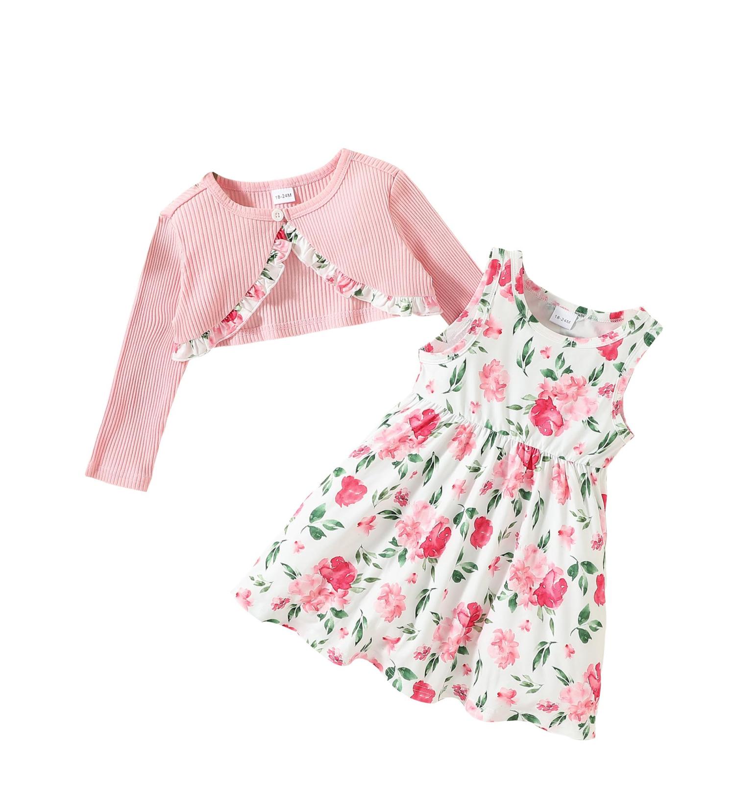 Puseky Toddler Girl 2 Piece Floral Sleeveless Dress & Cardigan Set, 3-4 Years, Pink - Buy Online on SooperMarket.com