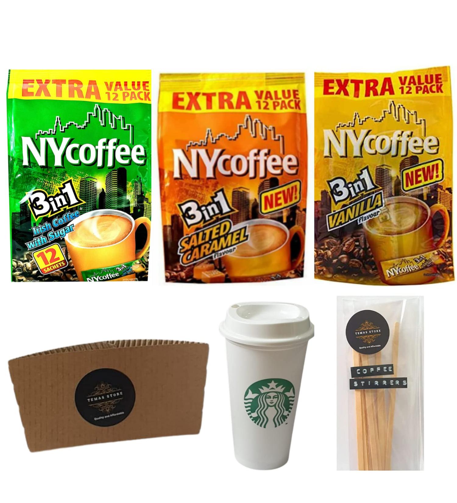 NYCoffee 3 in 1 Instant Coffee sachets|3 Flavours - Salted Caramel Vanilla & Irish Flavours Bundled with Temas Store Coffee Stirrers & Coffee Sleeves & Reusable Plastic Coffee Cup|36 Coffee Sachets - Buy Online on SooperMarket.com