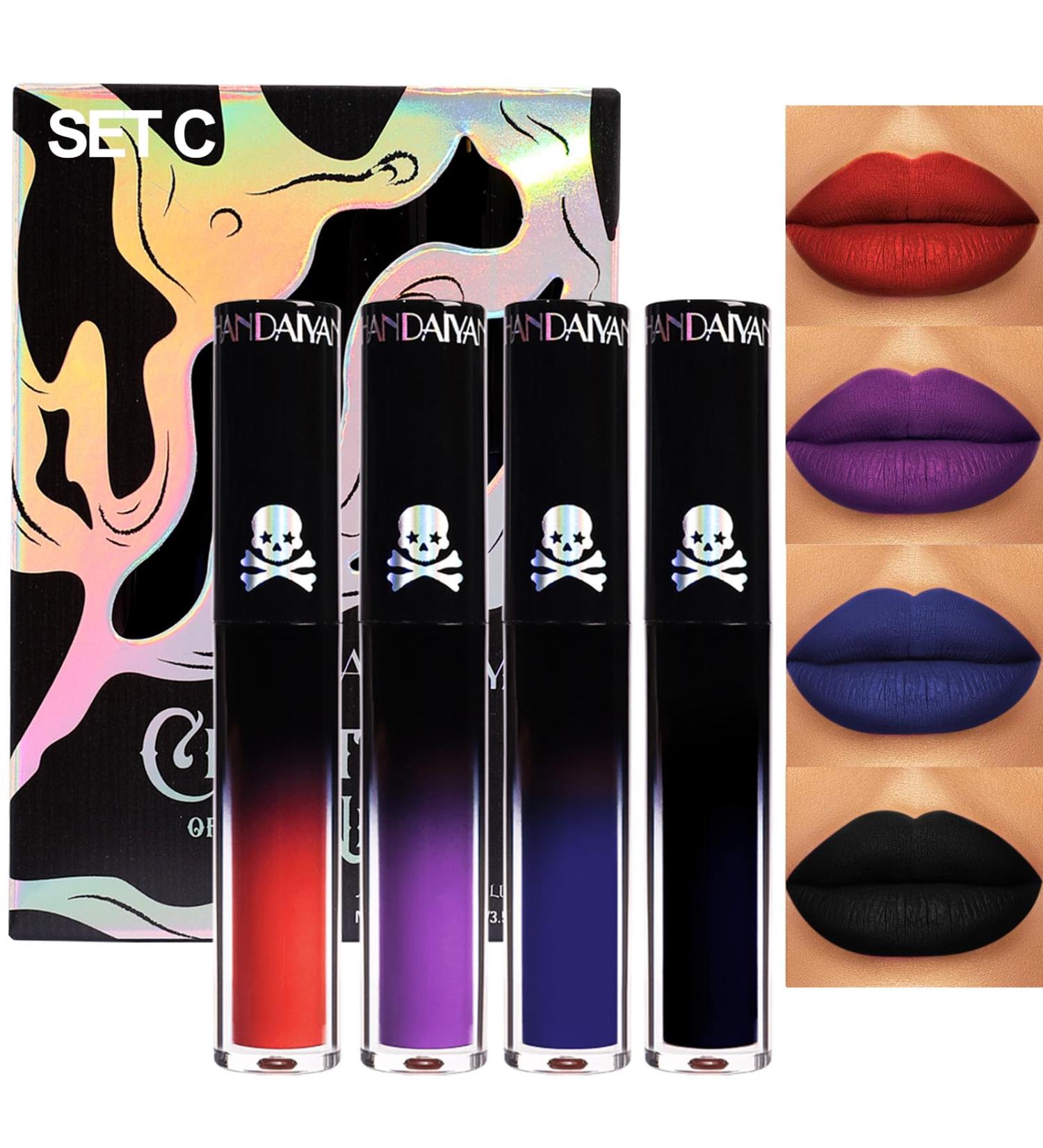 4Pcs Matte Liquid Lipstick Set - Dark Red Purple Blue Black | Long Lasting Waterproof Lip Stain Gift Set for Women - Buy Online on SooperMarket.com
