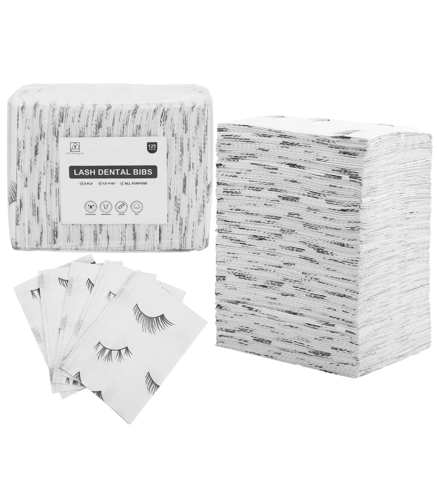 PRASNE Lashing Dental Bibs Disposable 125 Pack + Lash Pillow Cover | White 3-Ply Towels | Waterproof Towels 13 x 18 | Black Eyelash Printed - Buy Online on SooperMarket.com