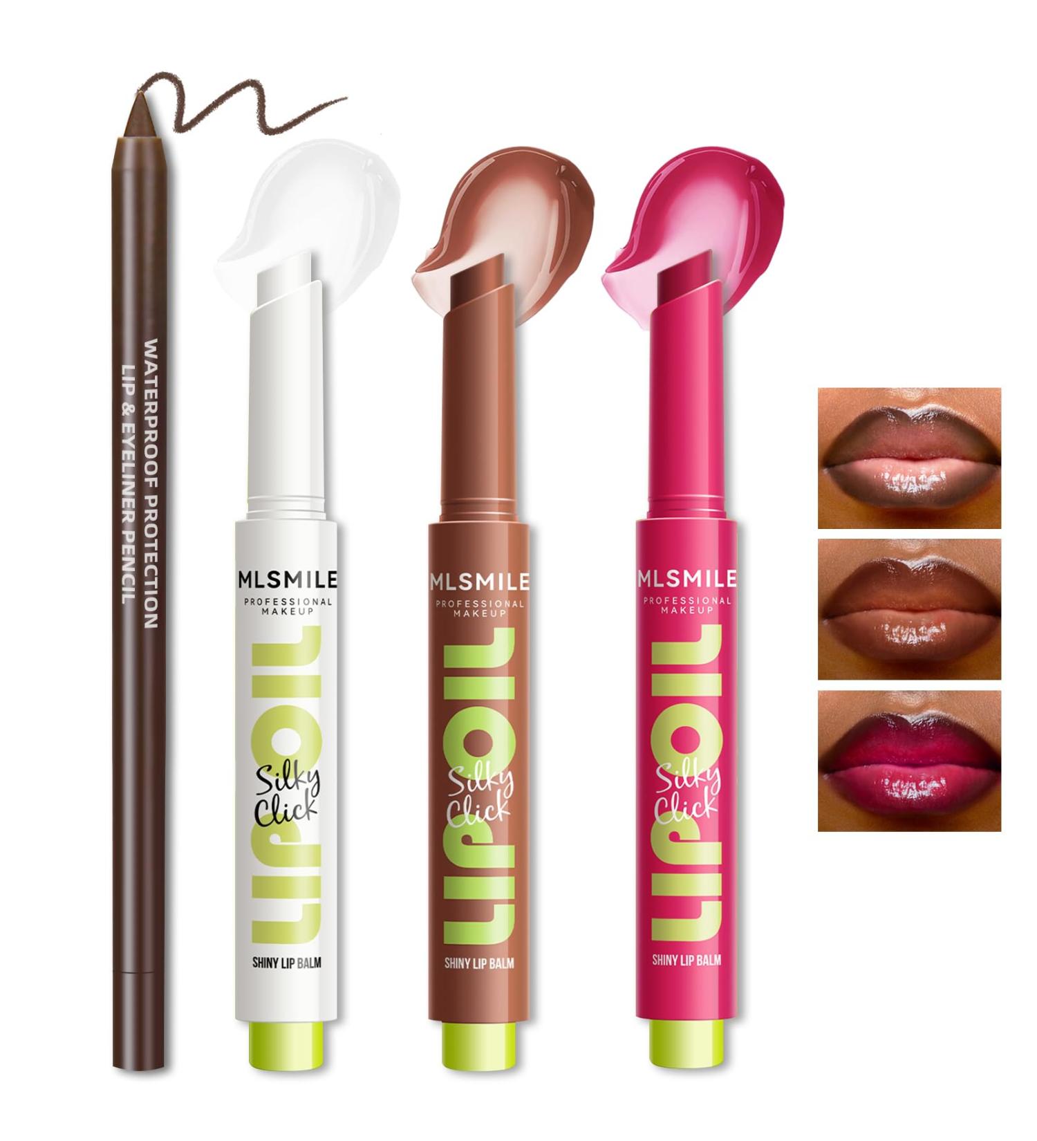 Moisturizing Solid Lip Gloss & Jelly Lipstick Set | 3 Color Lip Oil Slick & Click Plumper with Dark Brown Lip Liner - Non-Sticky Tinted Balm Gift Set for Women | International Shipping - Buy Online on SooperMarket.com