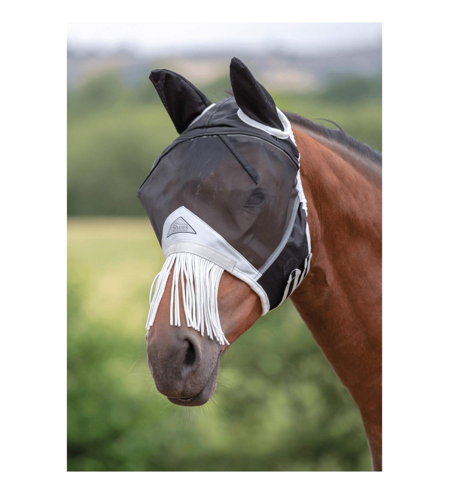 Shires Fine Mesh Fly Mask with Nose Fringe - Black Cob