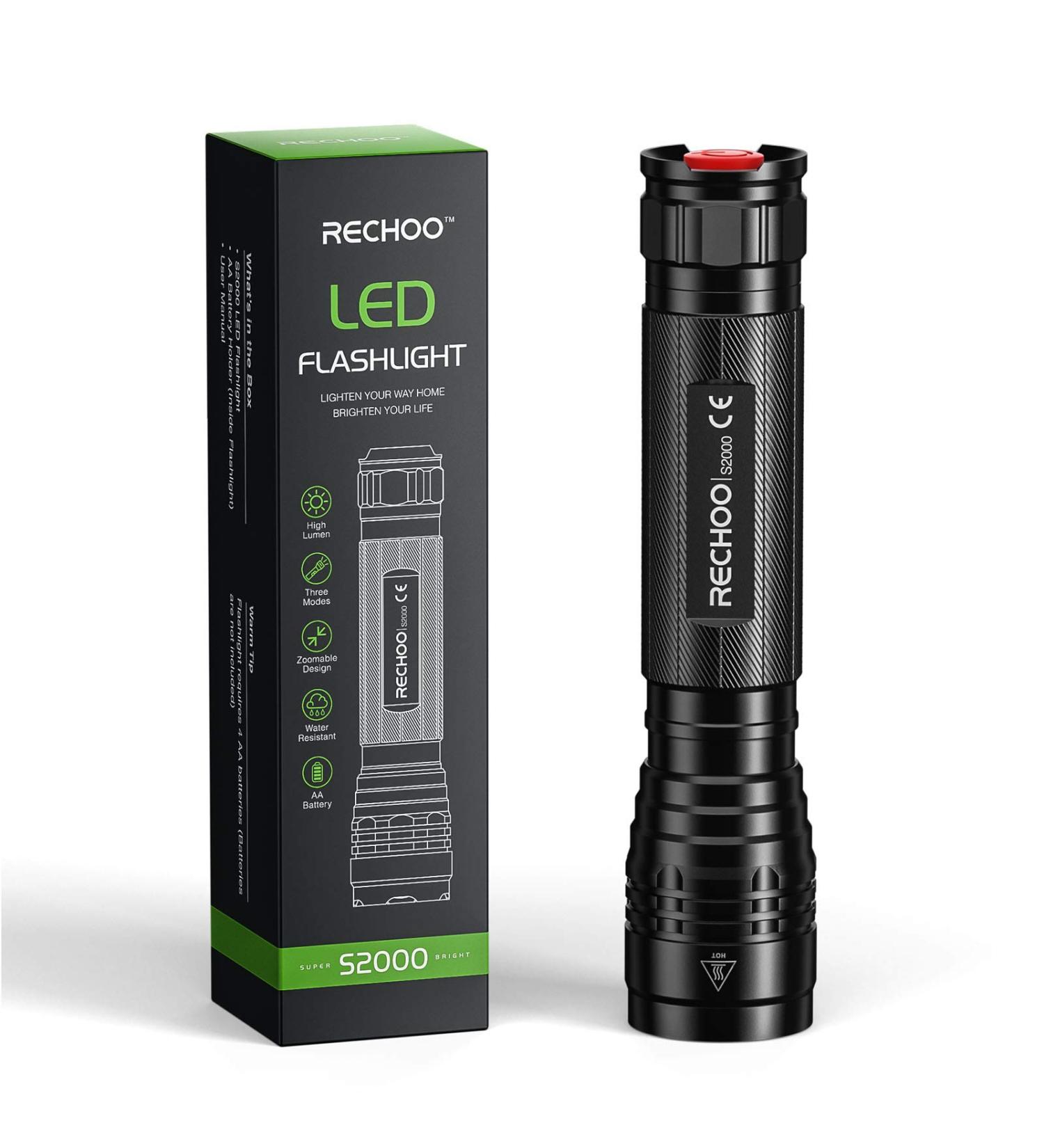 RECHOO S2000 High-Powered LED Flashlight | 2000 Lumens, 3 Modes, Zoomable, Water Resistant | Ideal for Camping, Outdoor Activities, and Emergencies - Buy Online on SooperMarket.com
