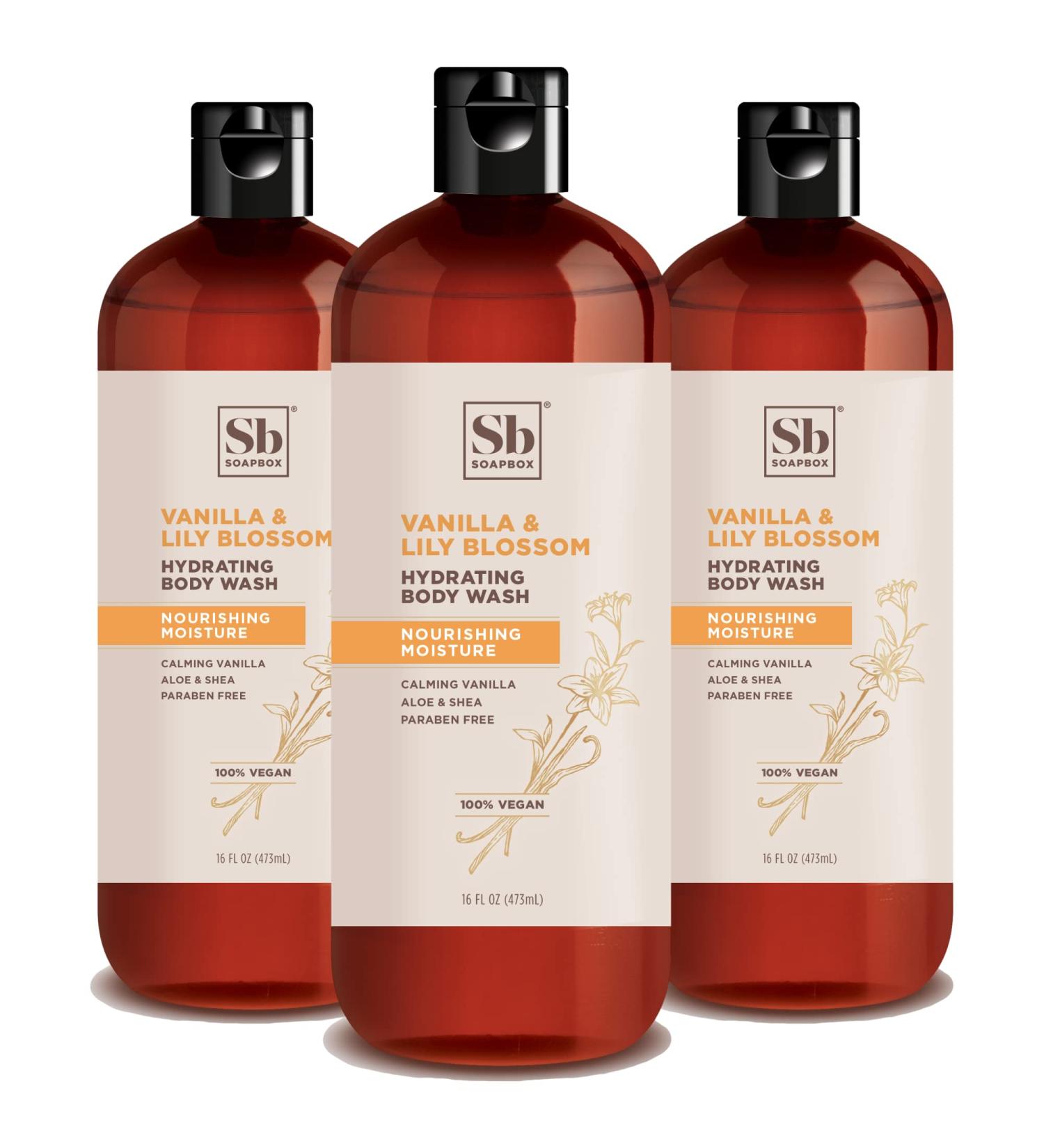 Soapbox Vanilla & Lily Blossom Body Wash 16oz (Pack of 3) - Moisturizing Cleanser with Aloe Vera & Shea Butter | Paraben, Gluten, Silicone Free - Vegan & Cruelty-Free - Buy Online on SooperMarket.com