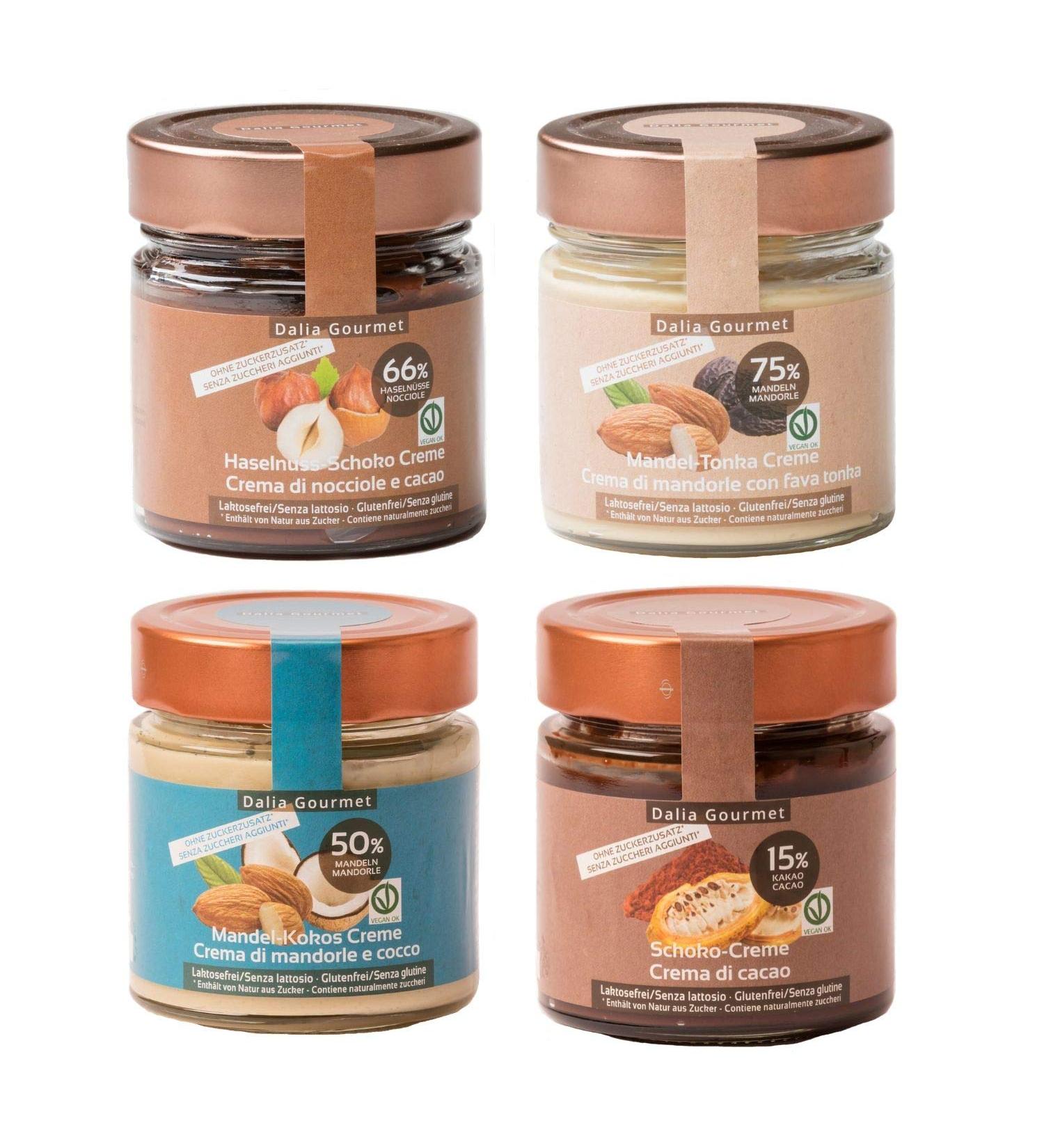 Dalia Nut Spreads - Sugar-Free High Nut Content Vegan & Gluten-Free | 4x200g | Made in Italy (Hazelnut Chocolate Almond-Tonka Almond Coconut) - Buy Online on SooperMarket.com