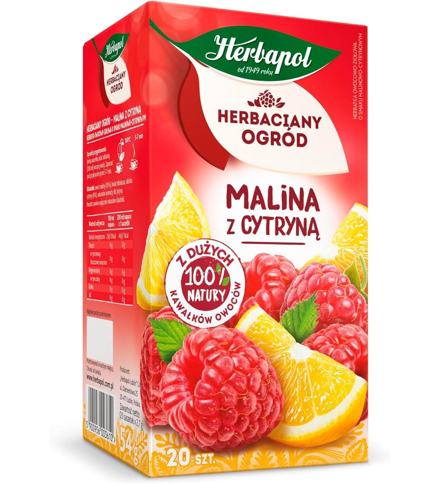 Raspberry & Lemon Tea Natural Pure And Refreshing Herbal Fruit Infusion Herbapol (Tea bags 60 count) Tea bags 60