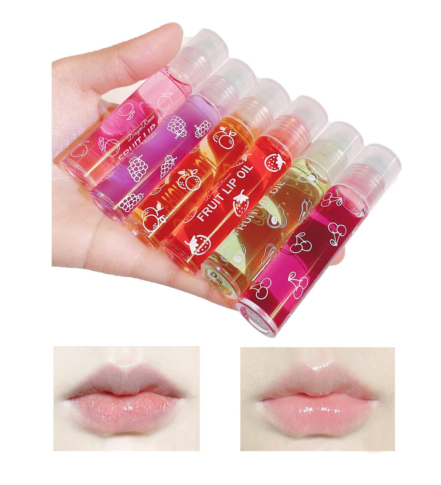 Gireatick 6PCS Fruity Flavors Lip Oil Set | Long-Lasting Moisturizing Balm | Roll-On Gloss Set | Strawberry, Orange, Grape, Avocado, Cherry, Peach | Glossy Lip Makeup | Transparent Lip Gloss - Buy Online on SooperMarket.com