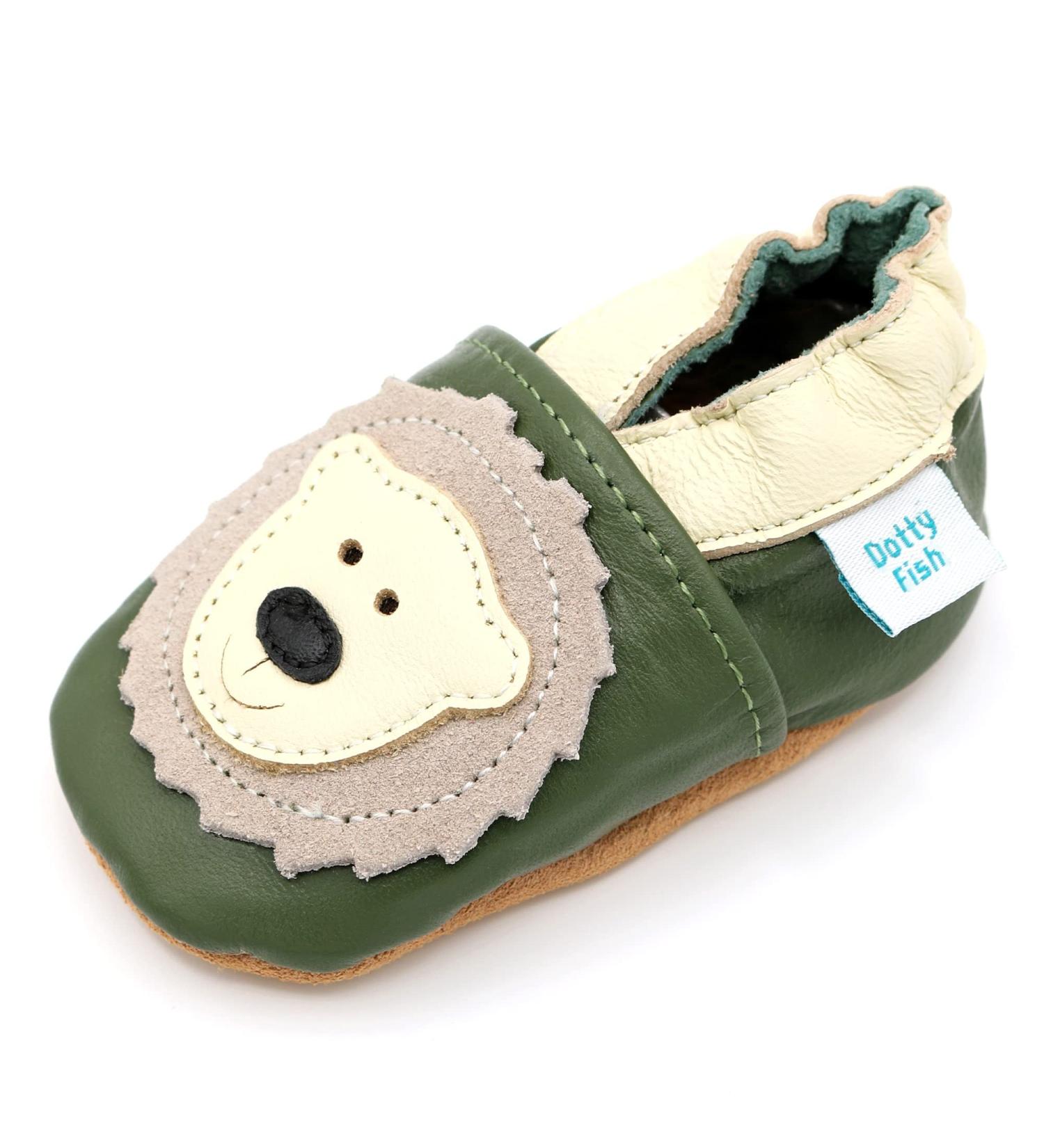 Dotty Fish Soft Leather Baby Shoes for Boys | Non Slip Toddler Shoes | Animal Designs for Boys & Girls | Green Cream Bear | 0-6 Months - 4-5 Years - Buy Online on SooperMarket.com