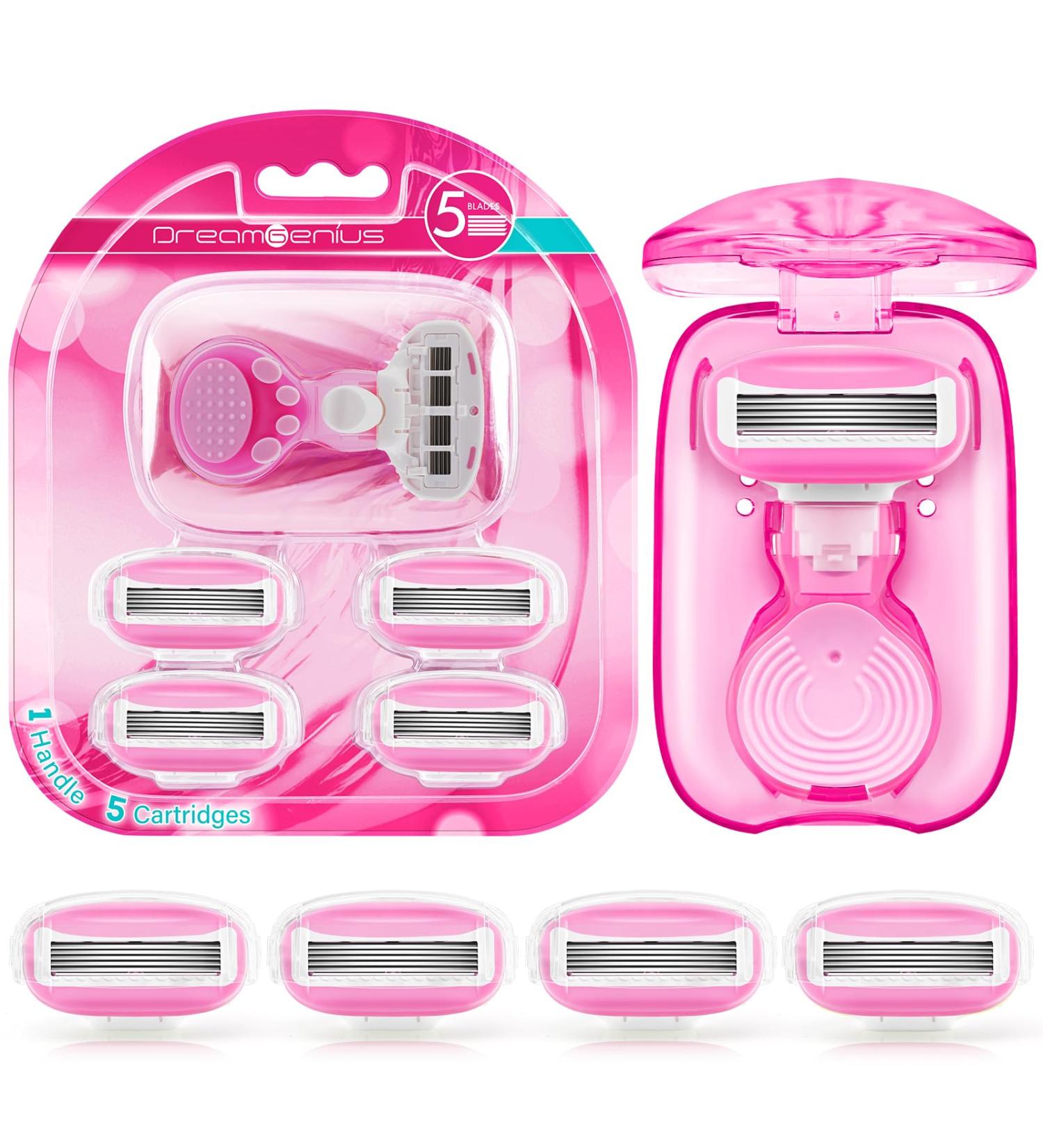Travel Razors for Women - 5-Blade Mini Razor with Case & Cartridges | Portable Toiletries in Pink - Buy Online on SooperMarket.com