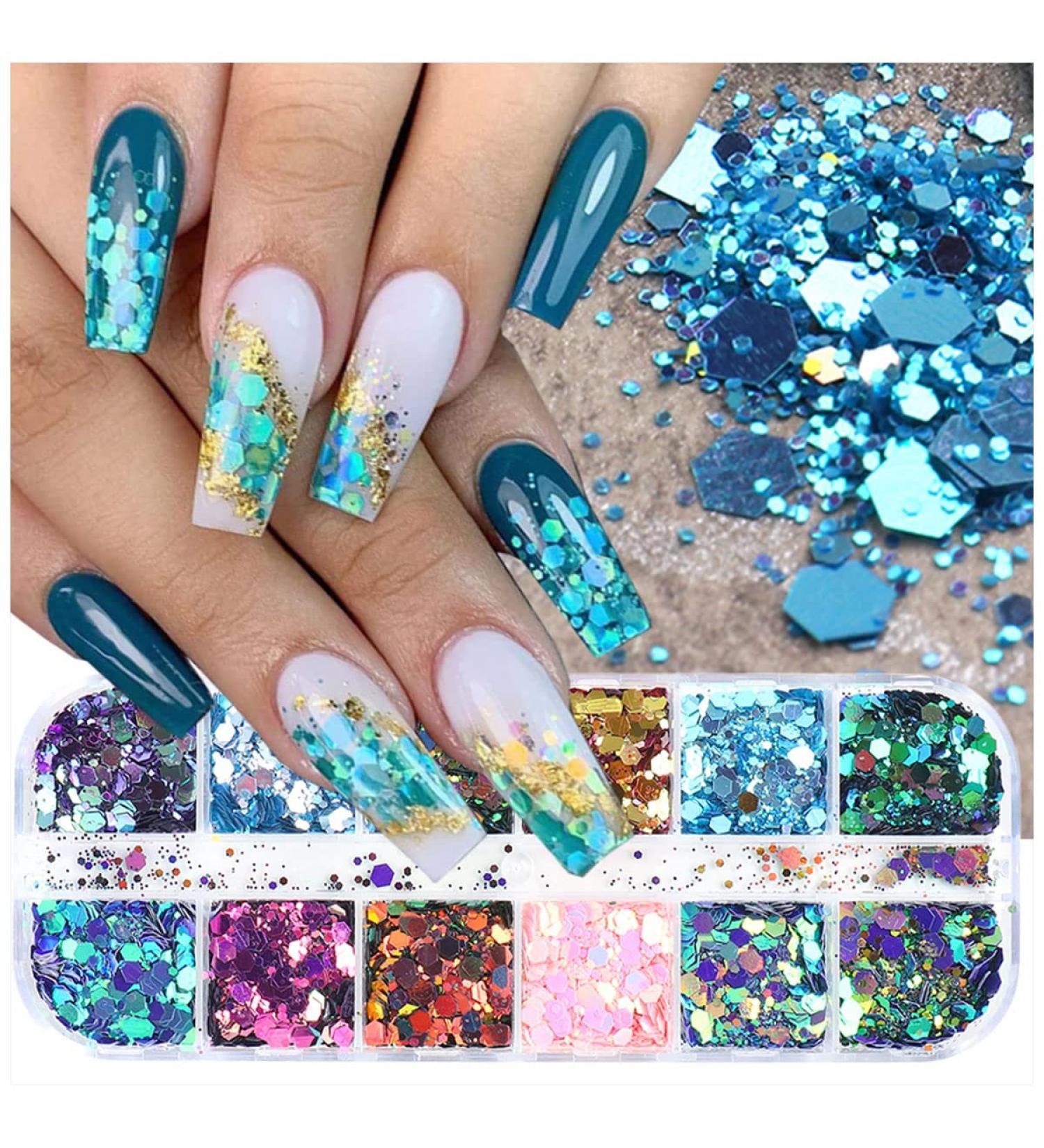 Holographic Nail Art Glitter Flakes - 12 Grids | Hexagon Sequins for Manicure Decoration - Buy Online on SooperMarket.com