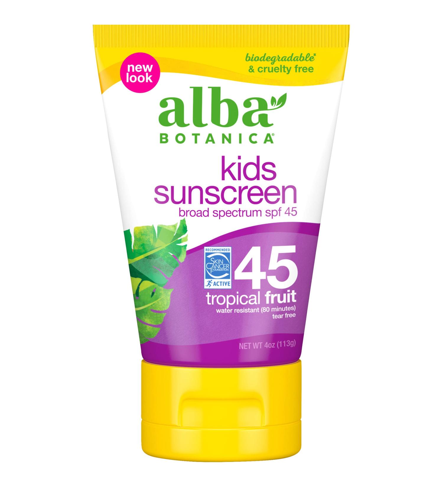 Alba Botanica Kids Sunscreen SPF 45 Tropical Fruit - 4 oz (113g) | Natural & Safe Protection - Buy Online on SooperMarket.com
