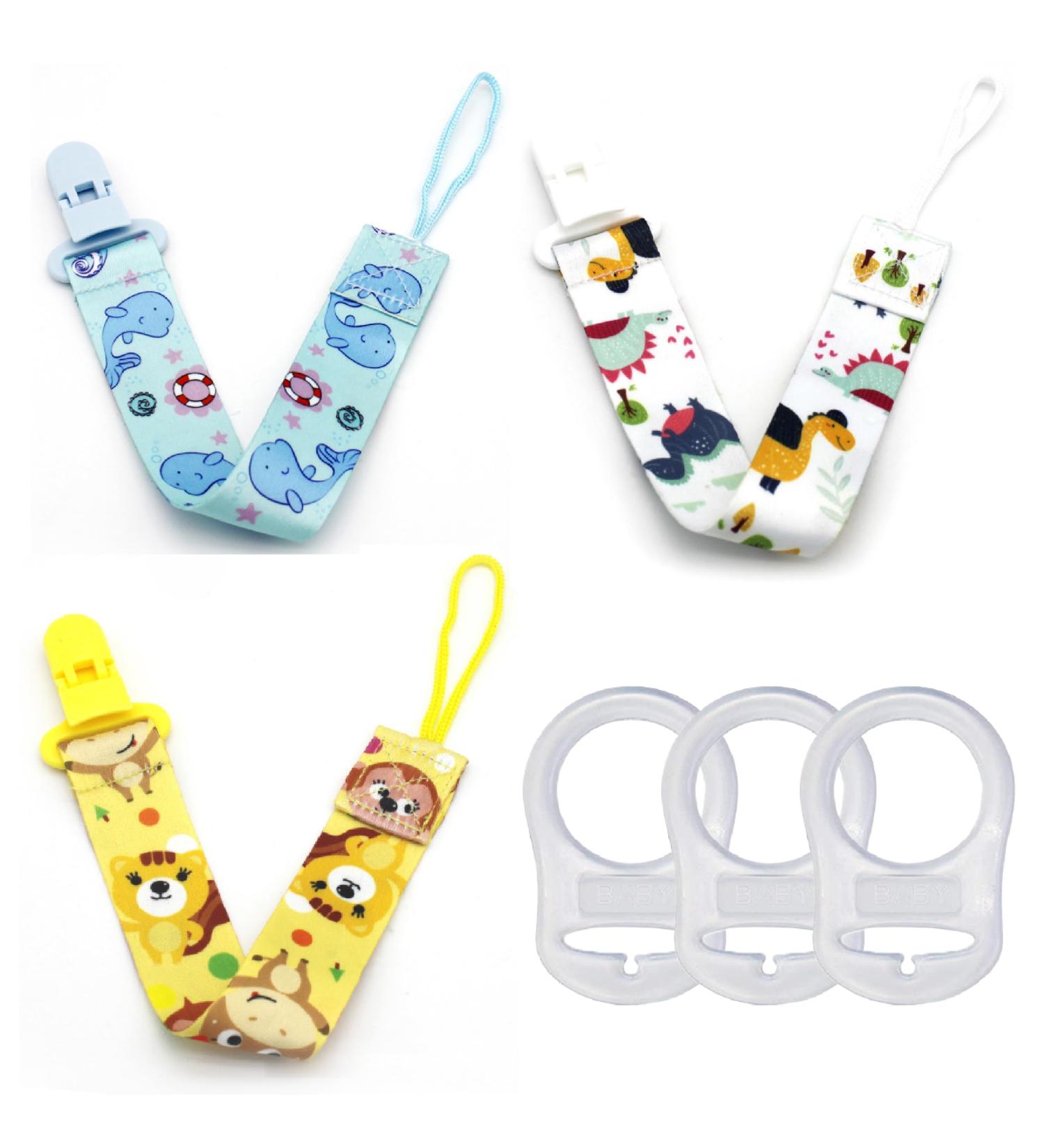 Baby Pacifier Chain Set - 3 BPA-Free Fabric Clips for Girls & Boys | Fits Most Pacifiers & Teething Toys | Includes 3 Silicone Rings - Buy Online on SooperMarket.com