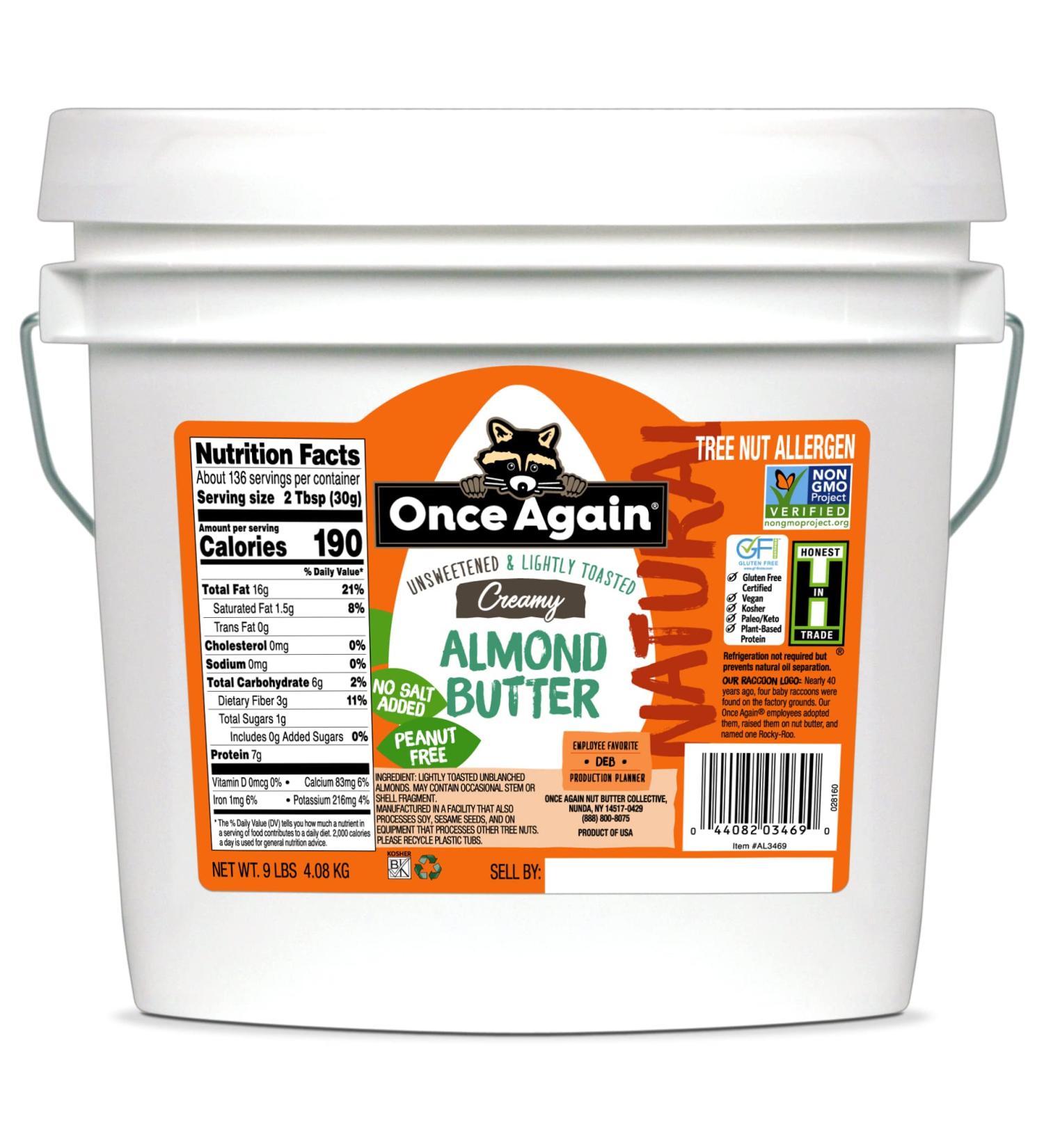 Once Again Natural Creamy Almond Butter 9lbs - Lightly Toasted, Salt Free, Vegan, Gluten Free, Kosher - Buy Online on SooperMarket.com