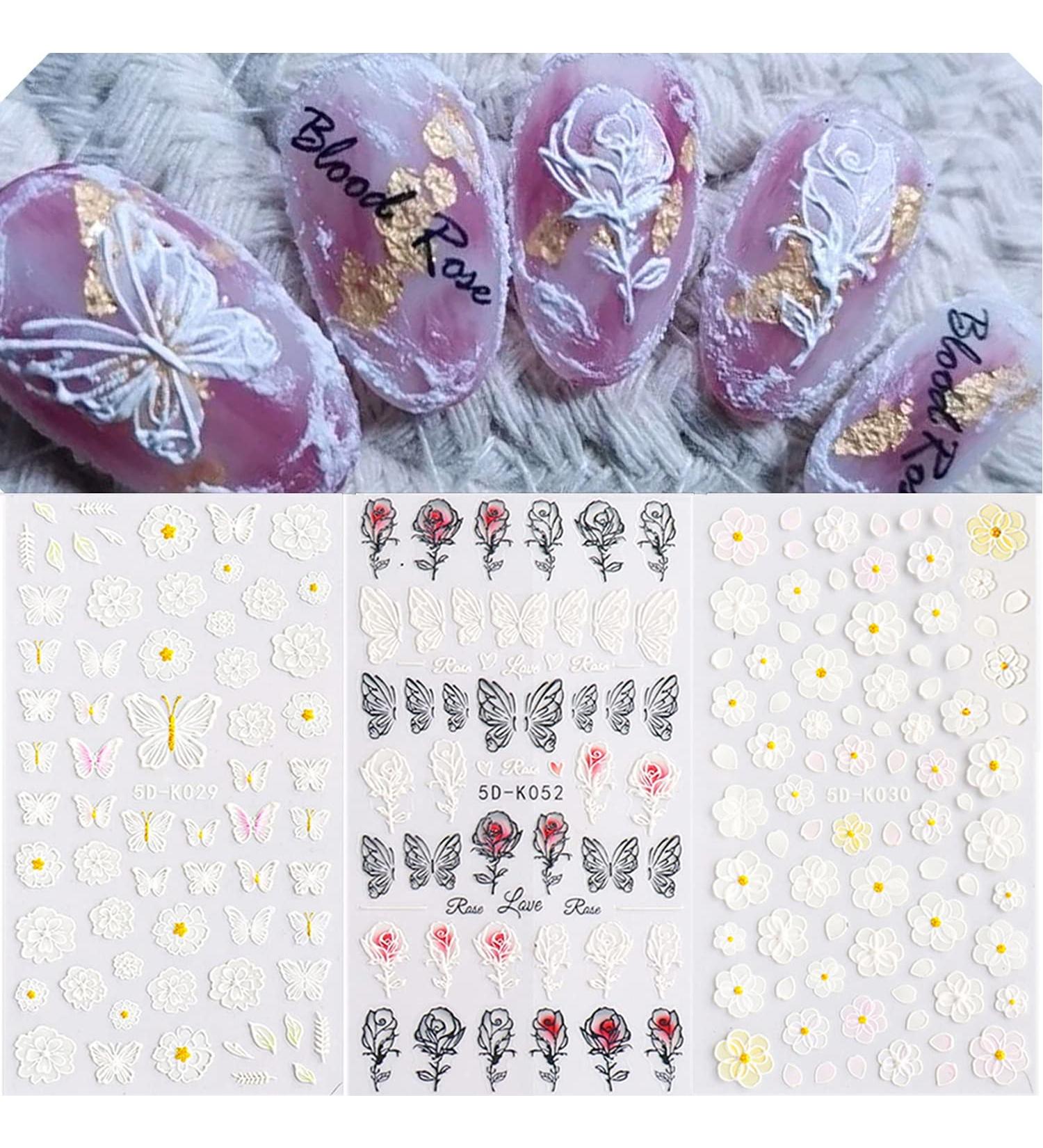 Embossed Self-Adhesive Nail Stickers - AIBEE 5D Butterfly Flower Decals (3 Sheets) - DIY Nail Decoration for Girls Women - Black/White - Buy Online on SooperMarket.com