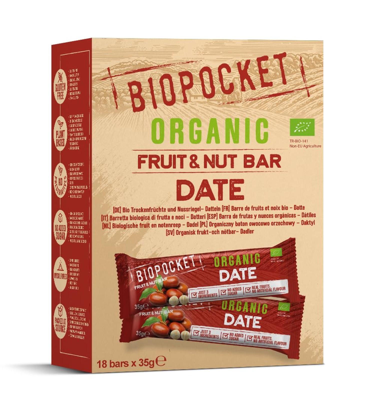 Biopocket Organic Fruit and Nut Bars Date 18 Count - 18 x 35g Pack - Buy Online on SooperMarket.com