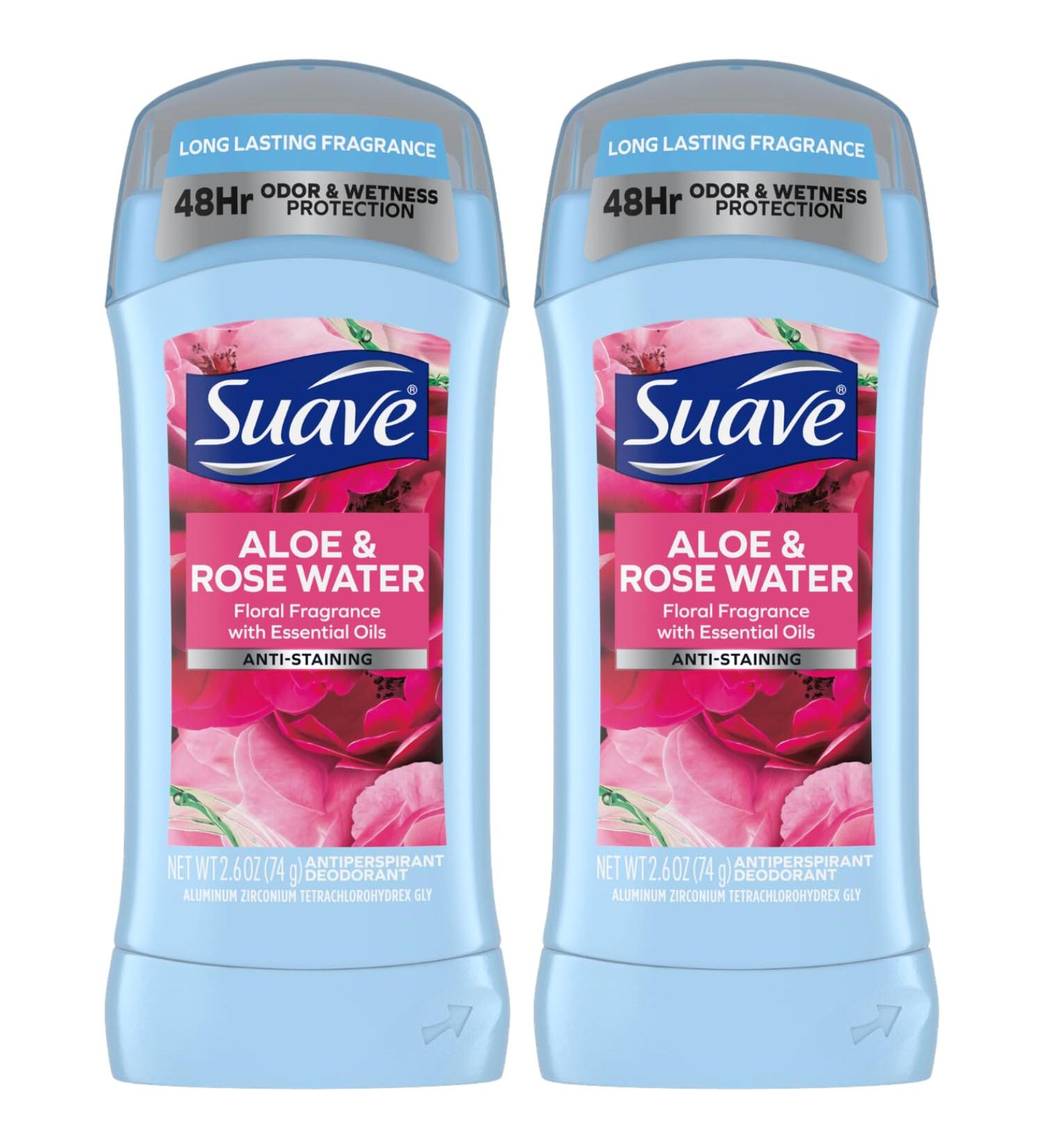 Suave Deodorant for Women Aloe & Rose Water Invisible Solid Antiperspirant Deodorant Stick 48H Protection Anti-Staining Cruelty-Free Scented 2.6 Oz (Pack of 2) - Buy Online on SooperMarket.com