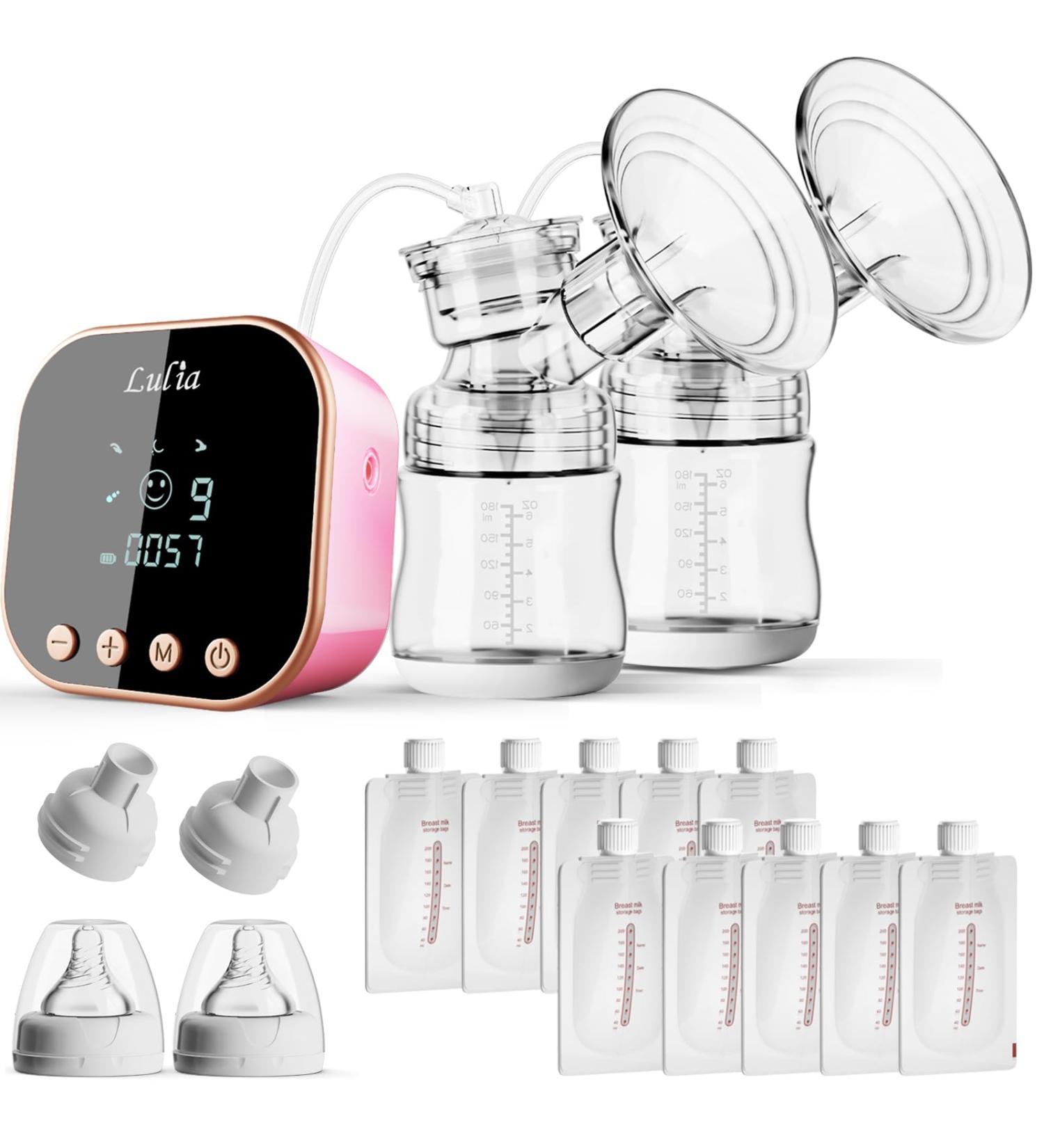 Double Electric Milk Pump - Pain-Free Silicone Breast Pump with 10 Storage Bags & Adapter - Rechargeable Portable Strong Suction (Rosa LU-01-B) - Buy Online on SooperMarket.com