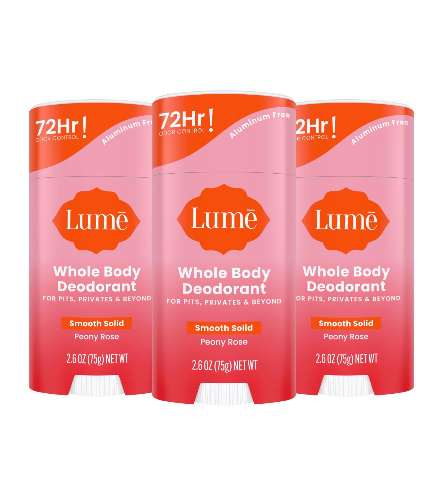 Lume Whole Body Deodorant - Smooth Solid Stick - 72 Hour Odor Control - Aluminum Free Baking Soda Free and Skin Loving - 2.6 Ounce (Pack of 3) (Peony Rose) Peony Rose 2.6 Ounce (Pack of 3) - Buy Online on SooperMarket.com