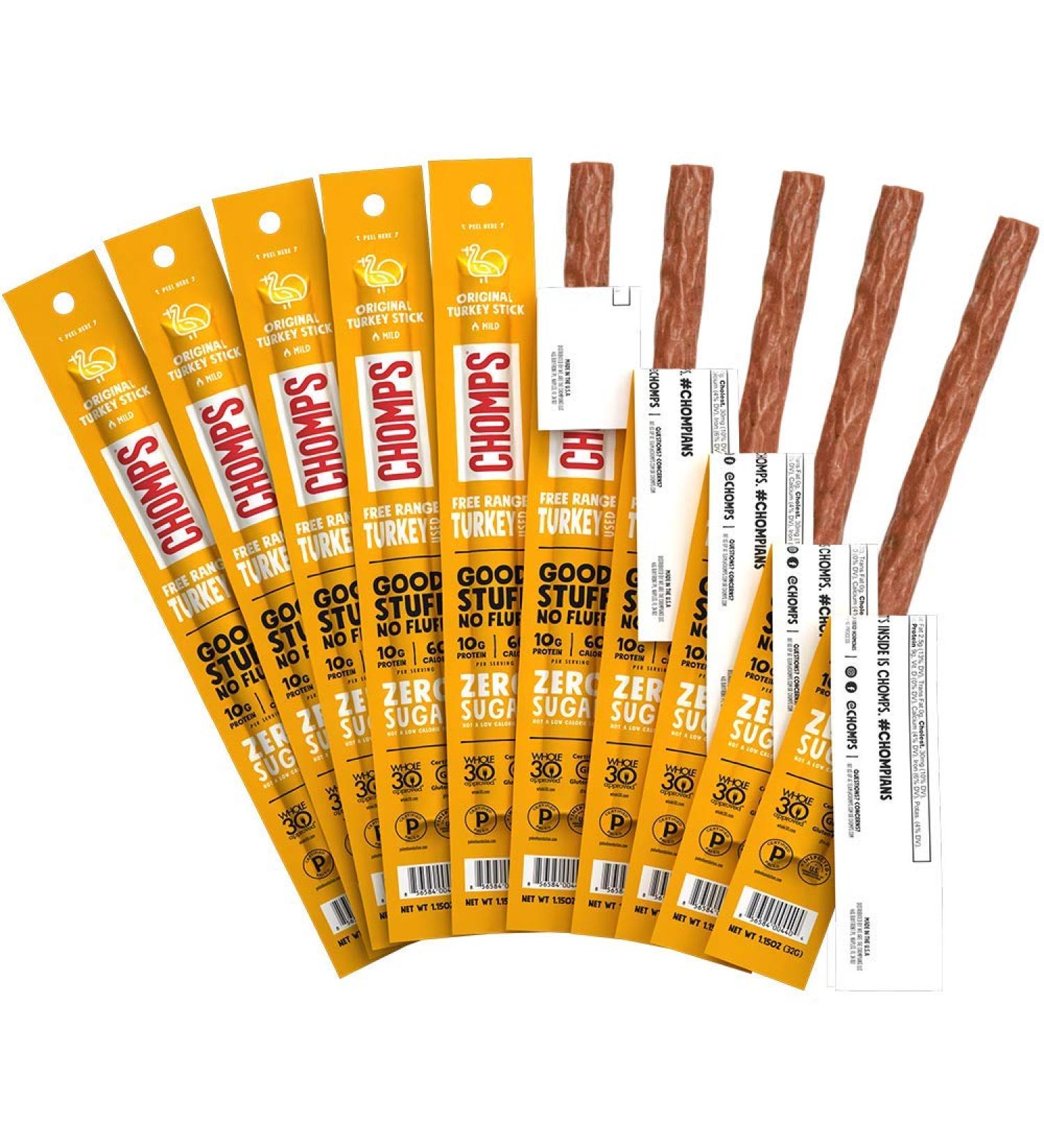 CHOMPS Free Range Turkey Jerky Sticks - Keto, Paleo, Whole30 Approved - High Protein, Sugar Free, Gluten Free - 10 Pack - Buy Online on SooperMarket.com
