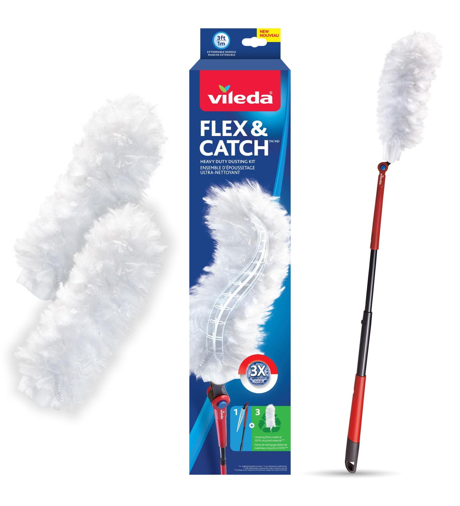 Vileda Flex & Catch Duster | Heavy Duty Dusting Kit with 3 Disposable Duster Refills | Extendable 3 Ft Handle with Stay-On Duster Hook | Traps 3X More Dust Than Feather Dusters Dusting Kit + 3 Duster Refills - Buy Online on SooperMarket.com