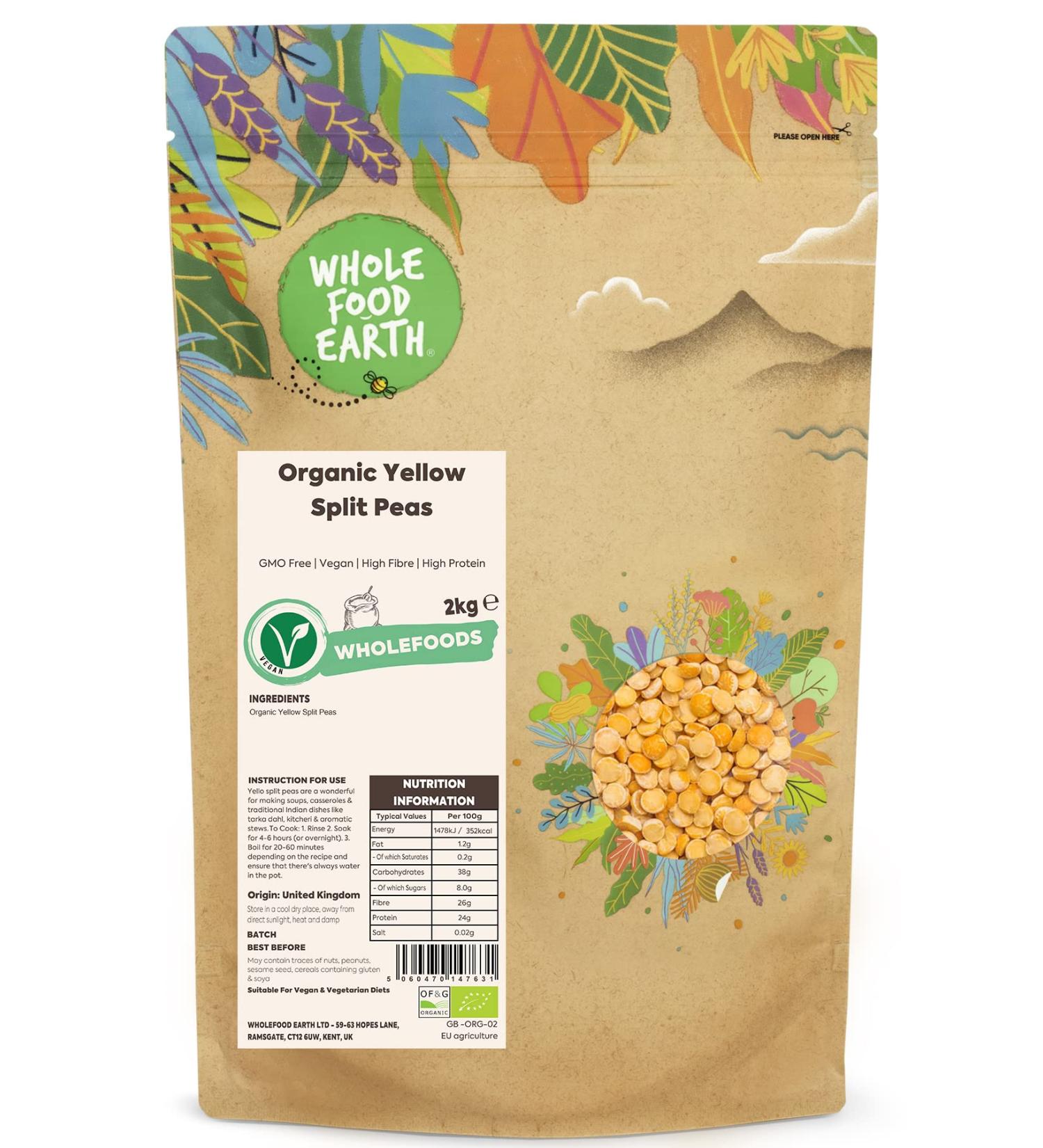 Wholefood Earth Organic Yellow Split Peas 2kg - GMO Free, Vegan, High Fibre & Protein | Certified Organic - Buy Online on SooperMarket.com