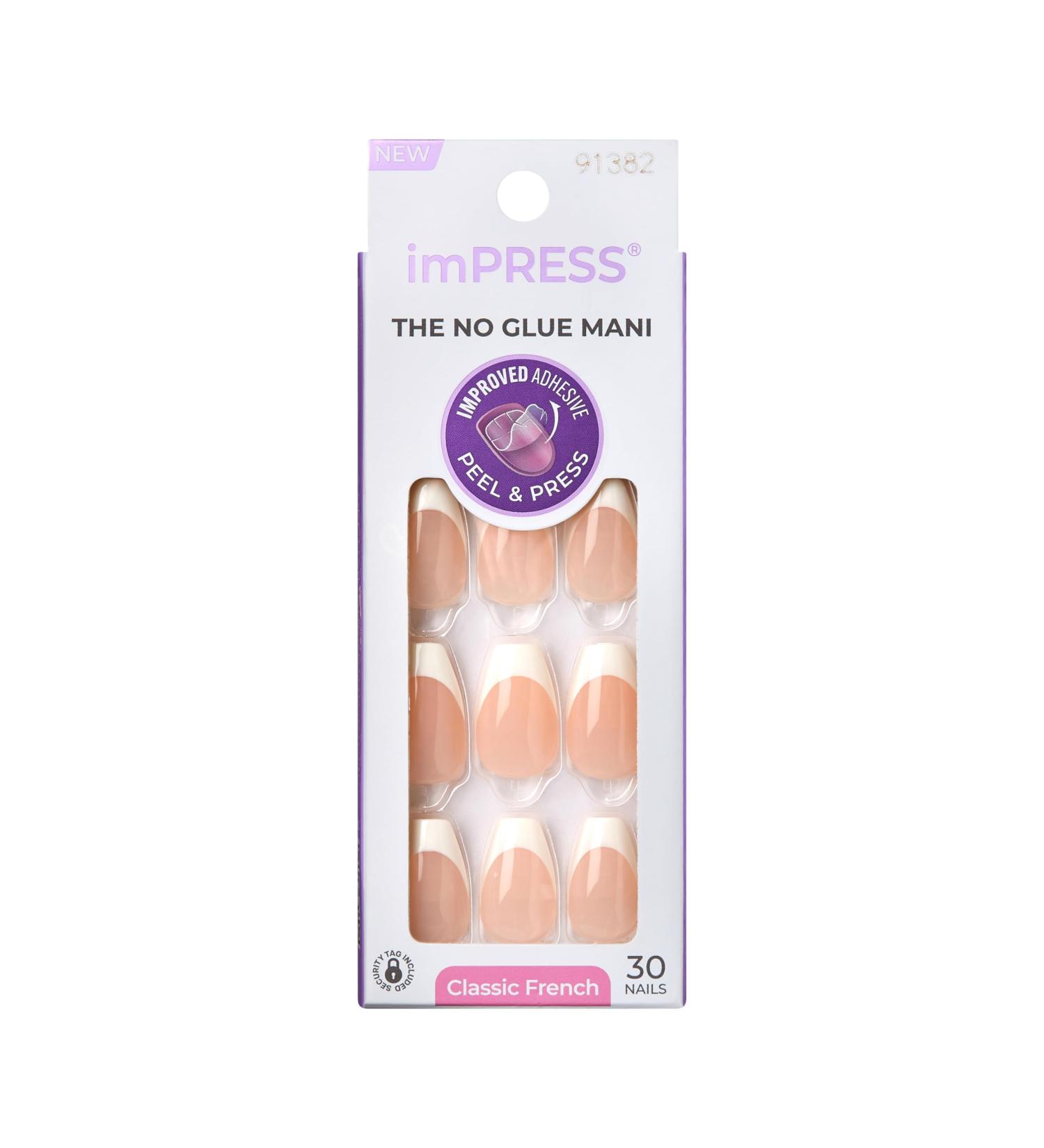 KISS imPRESS No Glue Press-On Nails - French Manicure Light Neutral & White Tips Medium Coffin Shape 30 Nails + Accessories - Buy Online on SooperMarket.com
