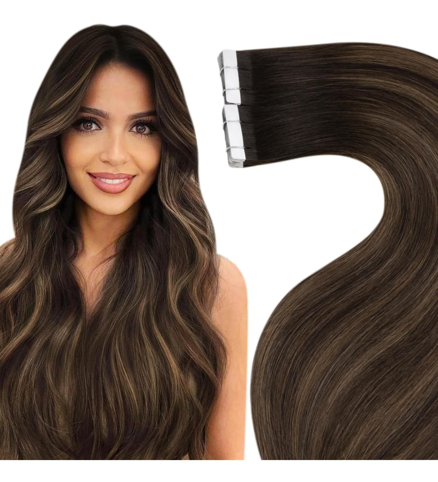 LAAVOO Real Hair Tape Extensions - Brown Ombre Skin Weft 50cm 20 Pcs Invisible Tapes Dark Brown to Light Brown Balayage 50g #2/8/2 - Buy Online on SooperMarket.com