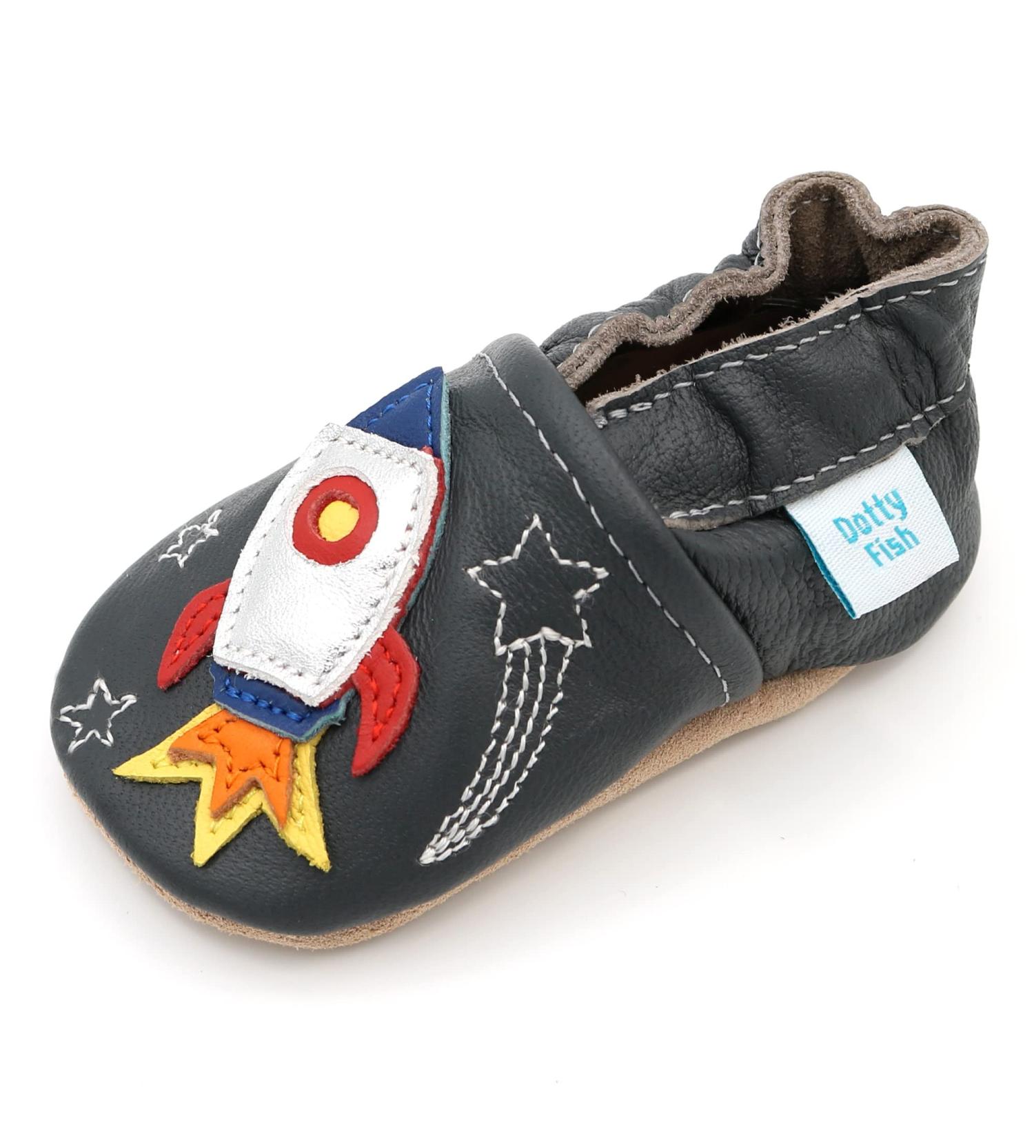 Dotty Fish Soft Leather Baby Shoes | Toddler Boys Non-Slip Suede Soles | Space Rocket Design | 0-6 Months to 4-5 Years - Buy Online on SooperMarket.com