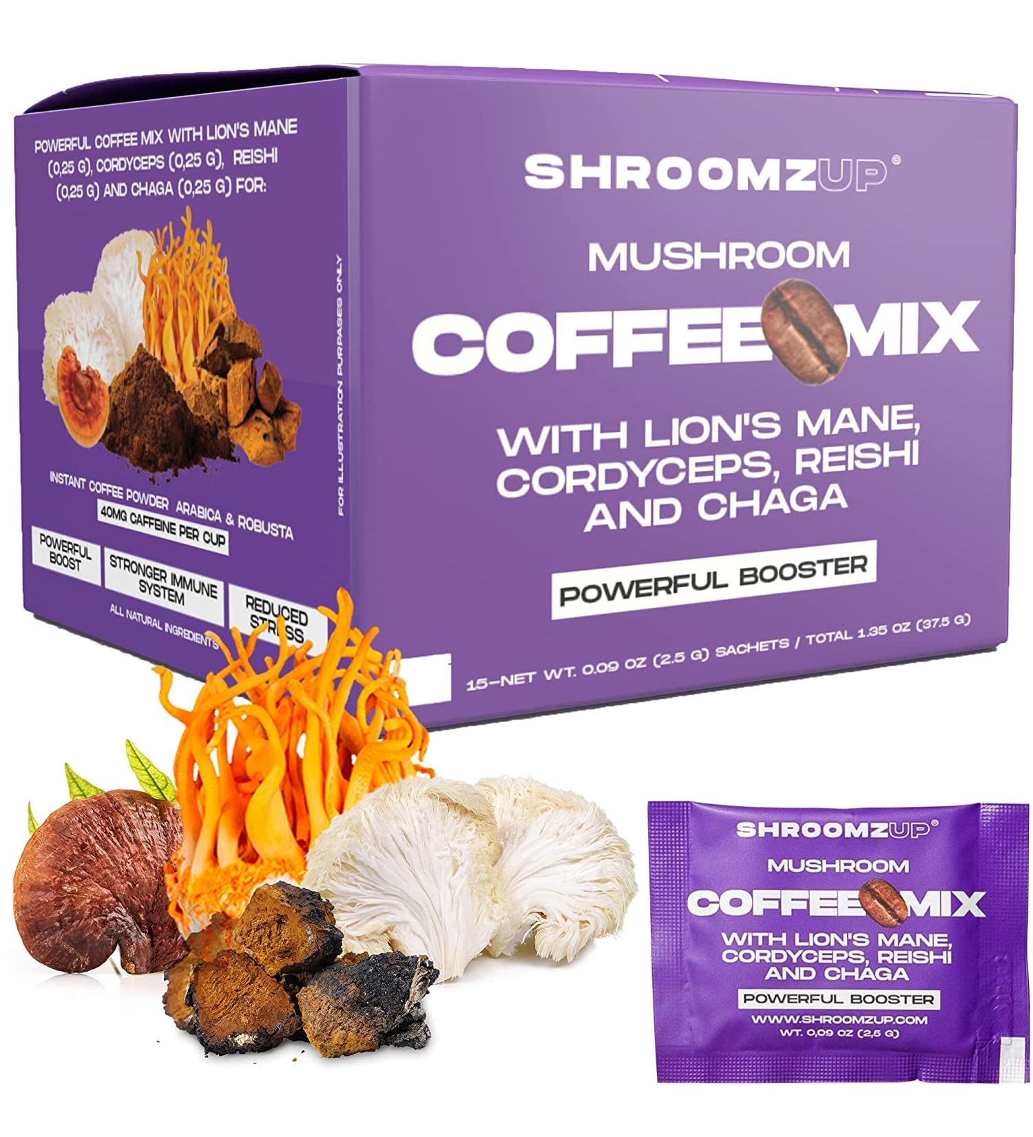 ShroomzUp Mushroom Coffee Instant - 15 Pack with Lions Mane, Reishi, Chaga & Cordyceps Mushrooms - Vegan Nootropic Coffee for Focus - Arabica & Robusta Blend - Buy Online on SooperMarket.com
