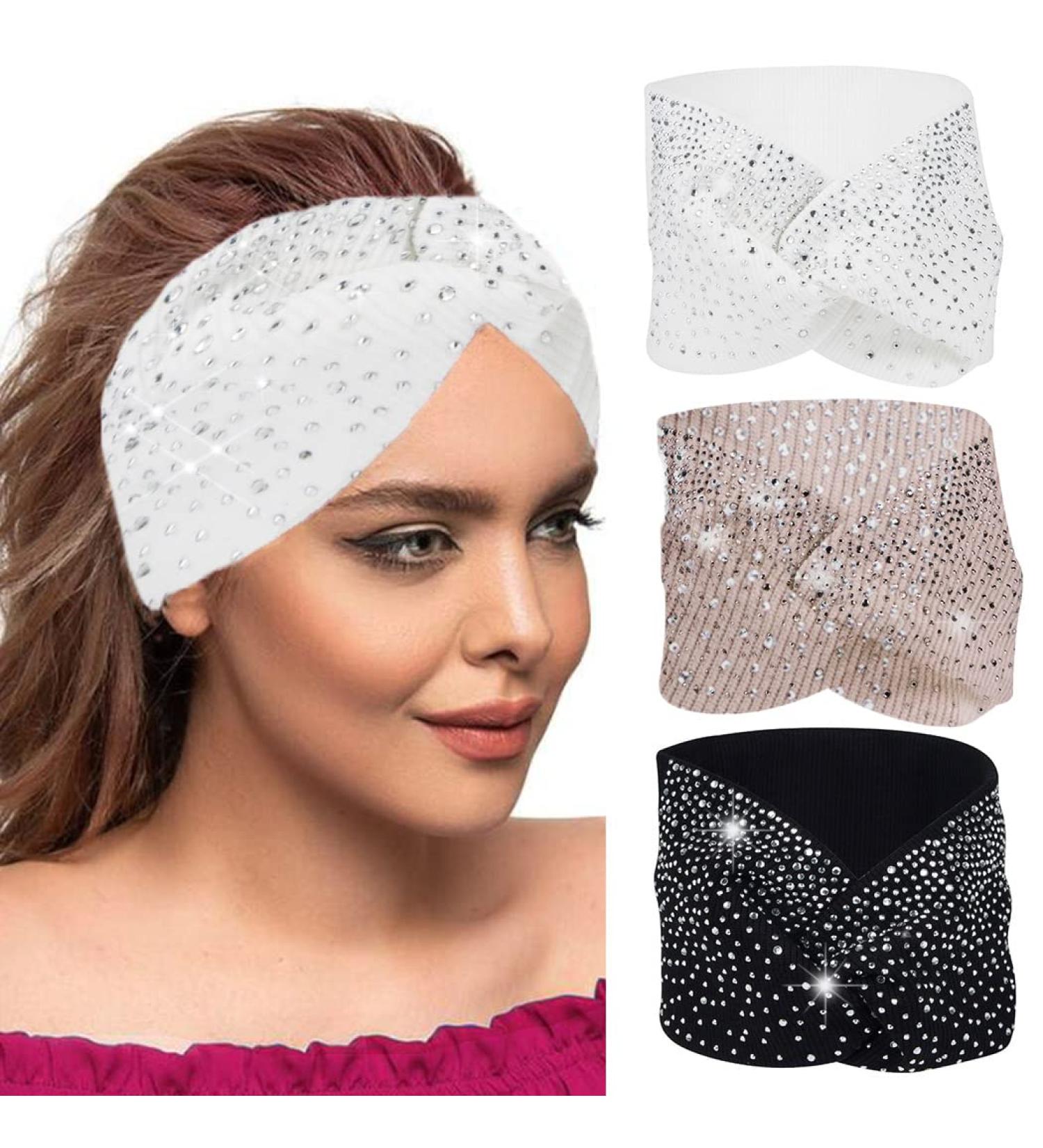 Cakure Crystal Rhinestone Headbands Pack of 3 - Wide Bling Turban Head Wraps for Women and Girls - Elastic Twist Scarf for Sports and Fashion - Type A - Buy Online on SooperMarket.com