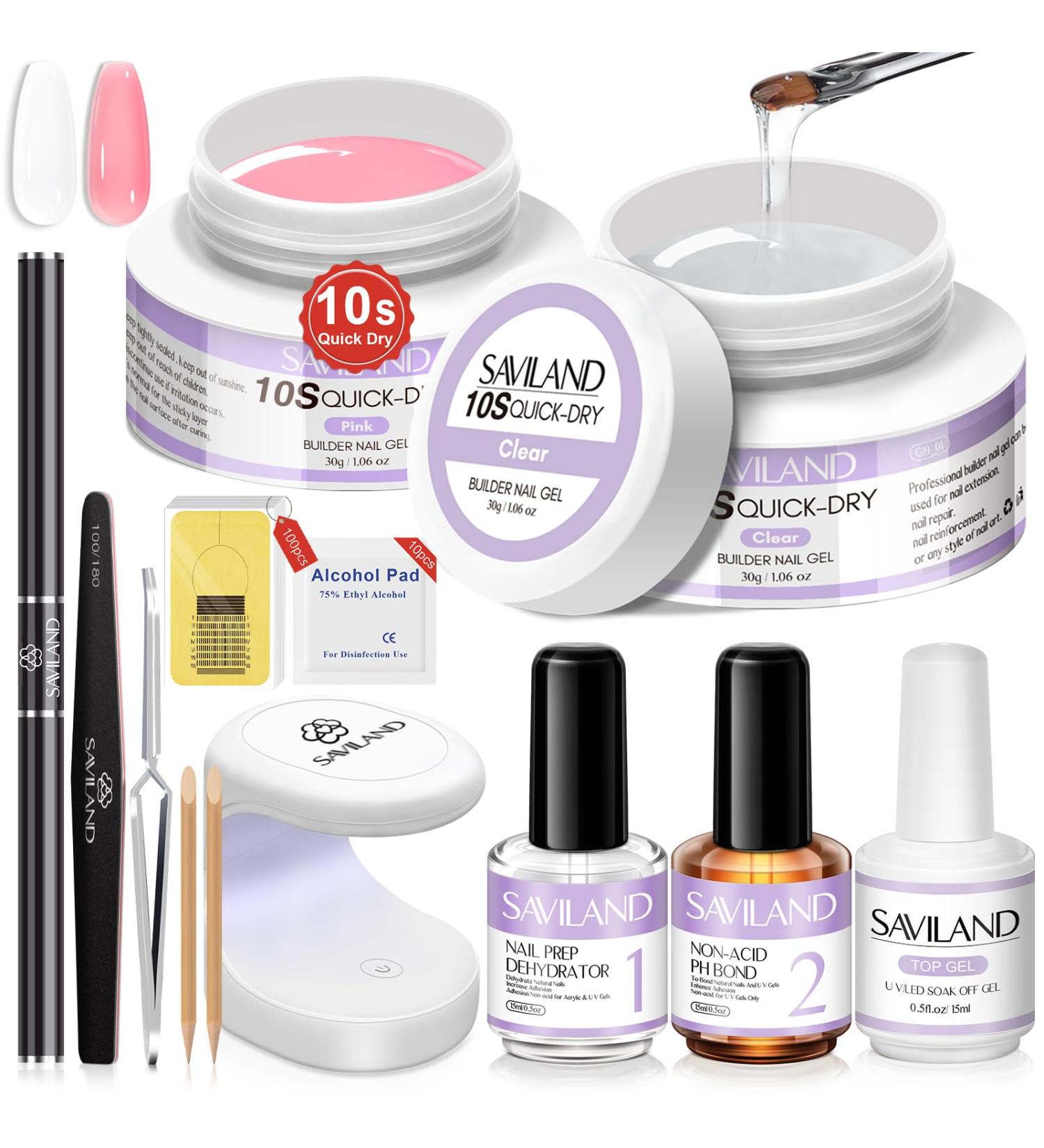 SAVILAND Quick-Dry Builder Nail Gel Kit - Clear Pink Hard Gel with Mini UV Light & Essential Tools for Beginners - Perfect Nail Extensions - Buy Online on SooperMarket.com