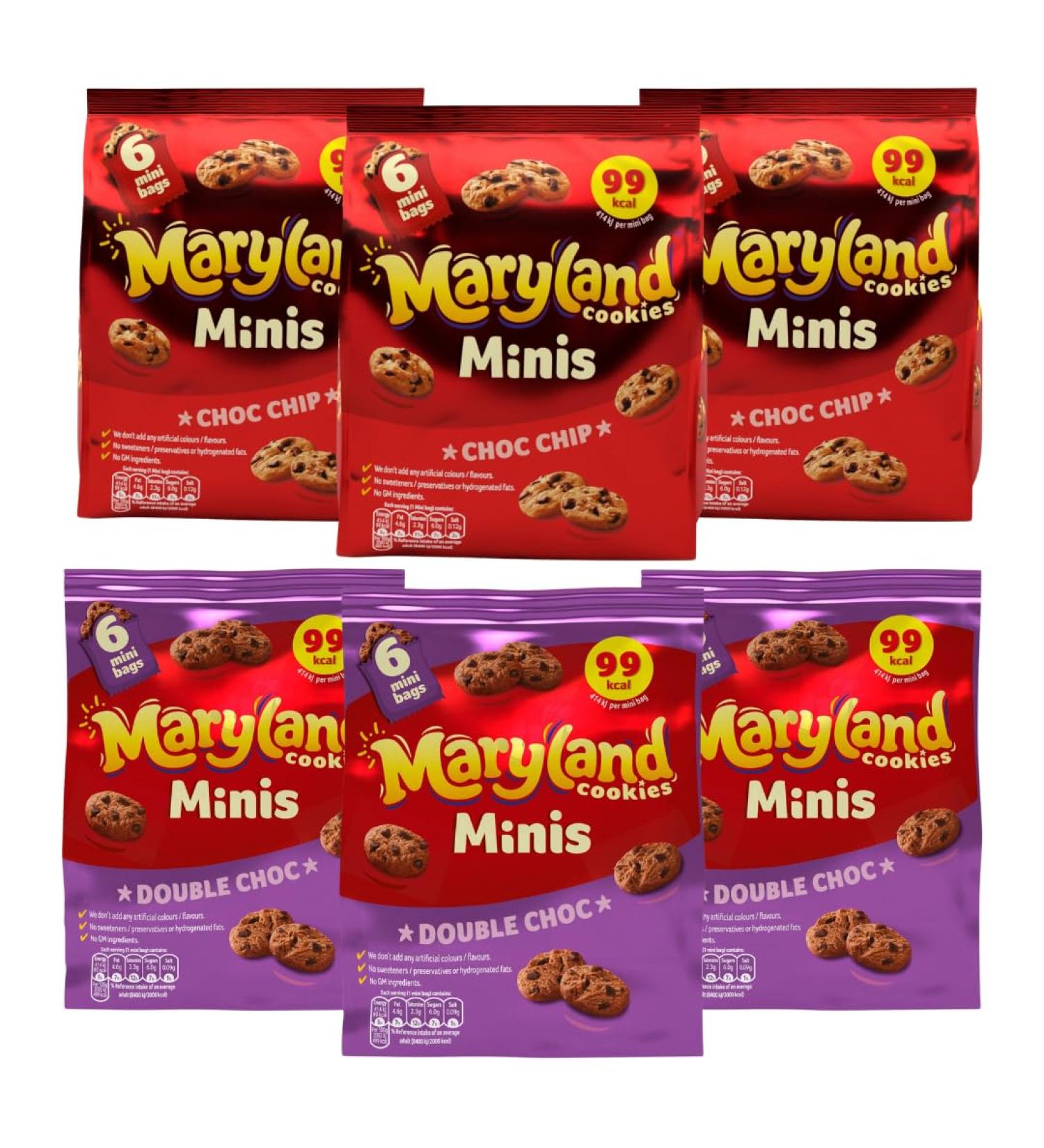 Chocolate Cookie Bundle Containing Maryland Cookies Minis Choc Chip x3 120g & Maryland Cookies Minis Double Choc x3 120g (6 Pack) - Buy Online on SooperMarket.com
