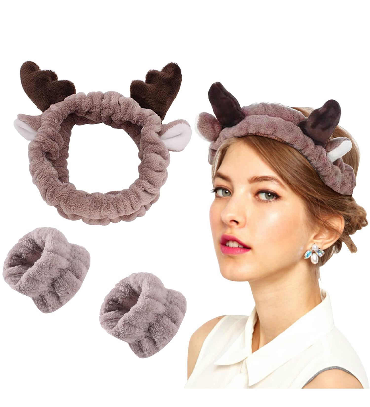 3 Pieces Face Headband and Wrist Straps Set for Washing Face Spa Cute Antler Makeup Headbands Soft Elastic Facial Care hairband Fluffy Headband Wristbands for Women Girls Shower Sports Makeup Bath One Size Coffee - Buy Online on SooperMarket.com